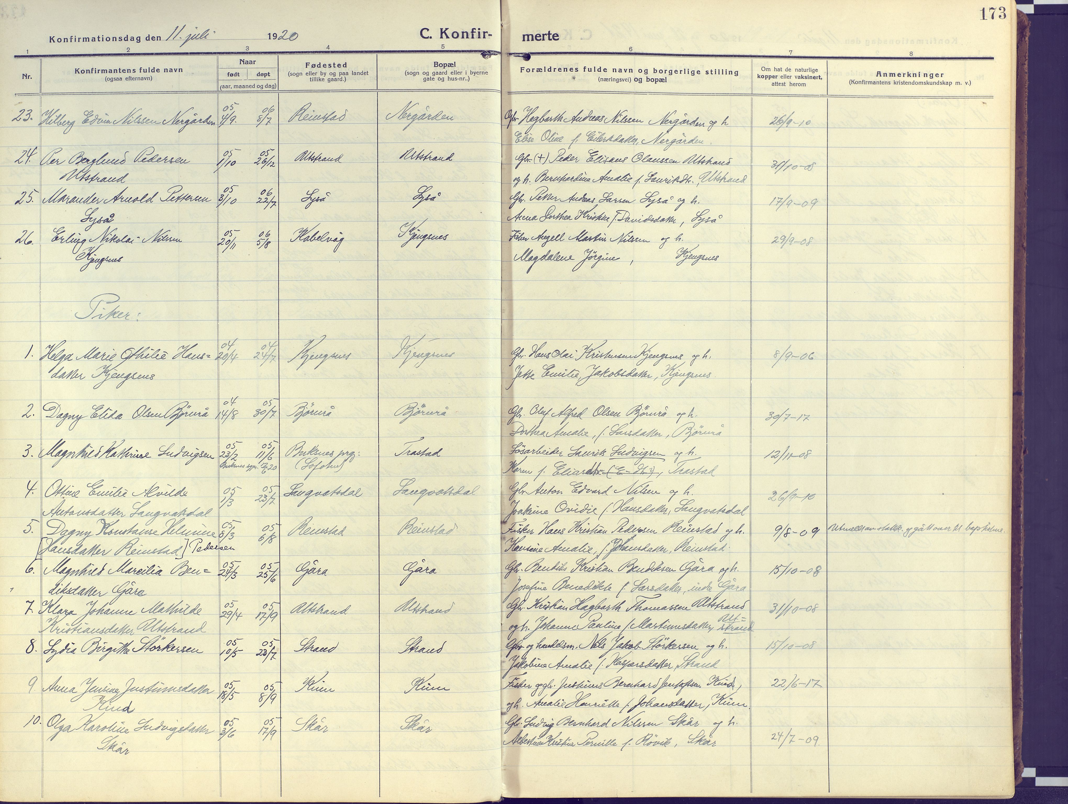 Kvæfjord sokneprestkontor, AV/SATØ-S-1323/G/Ga/Gaa/L0007kirke: Parish register (official) no. 7, 1915-1931, p. 173