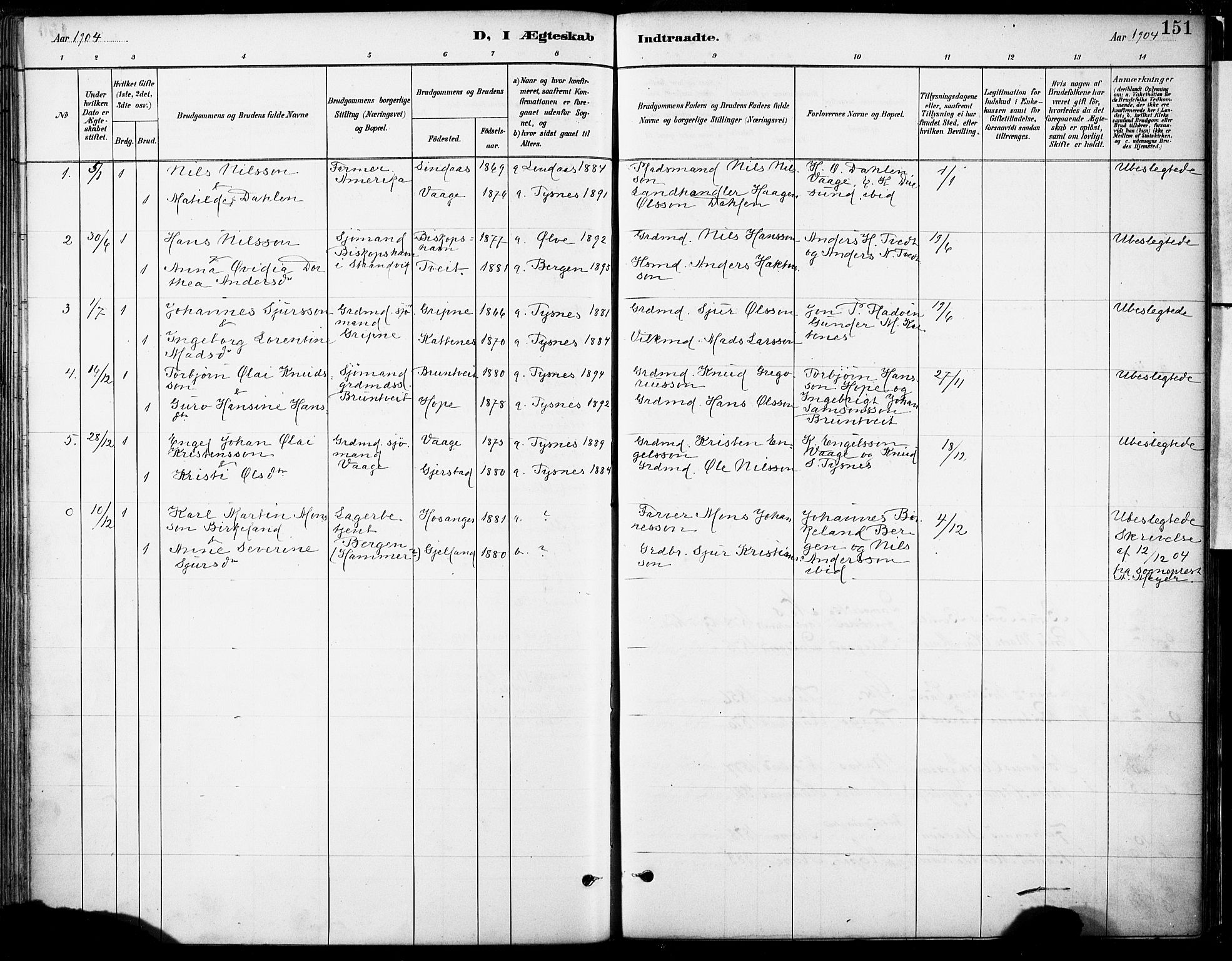 Tysnes sokneprestembete, AV/SAB-A-78601/H/Haa: Parish register (official) no. B 1, 1887-1906, p. 151