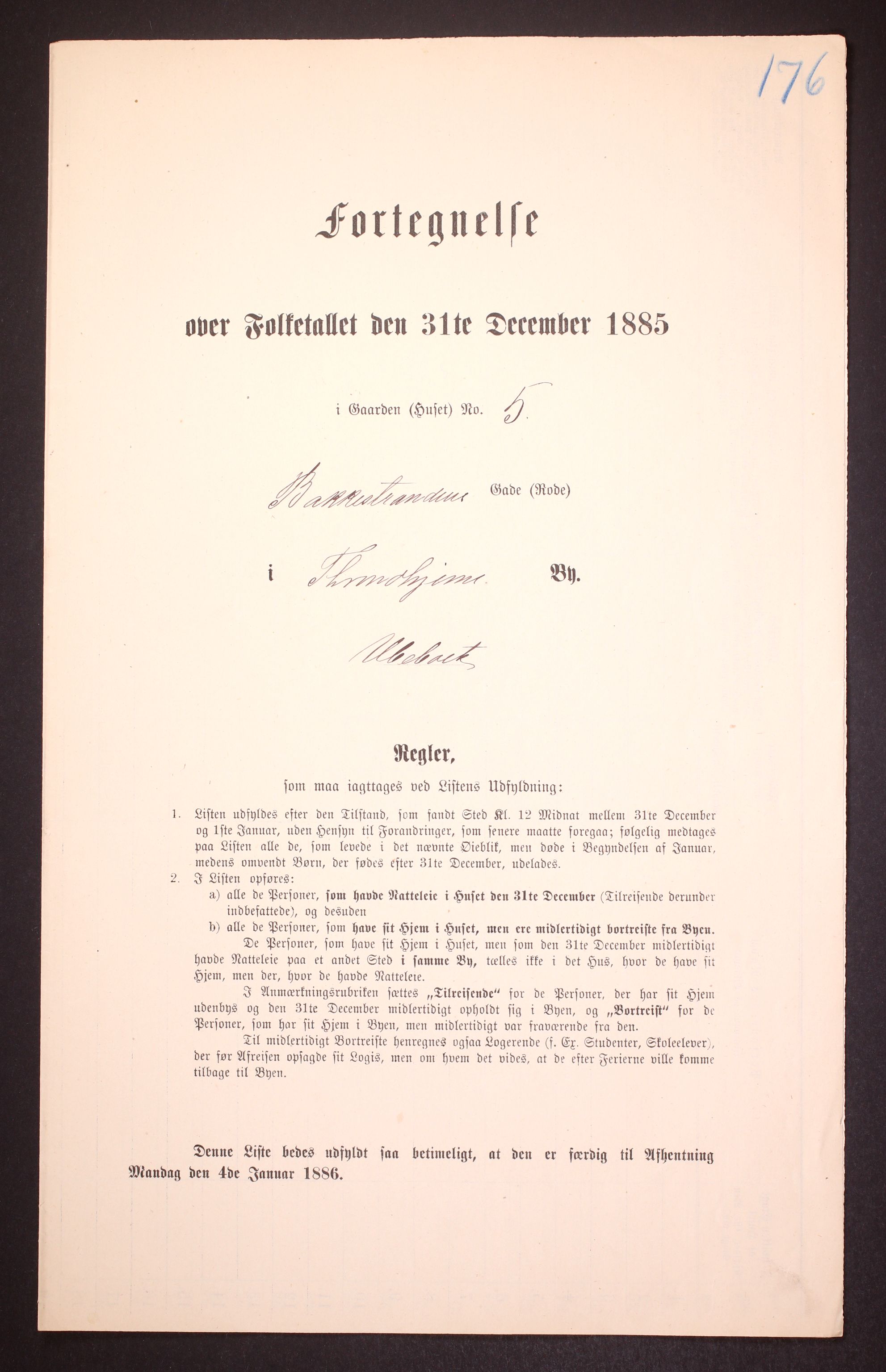 SAT, 1885 census for 1601 Trondheim, 1885, p. 3056