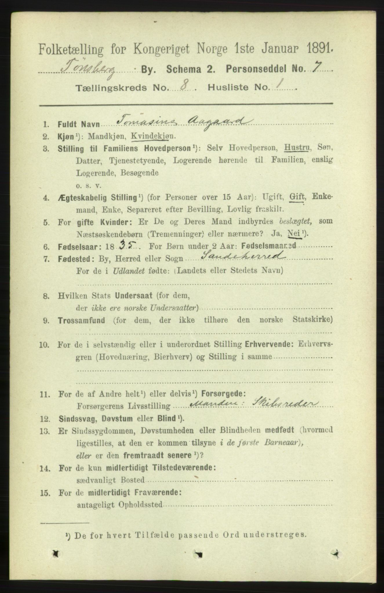 RA, 1891 census for 0705 Tønsberg, 1891, p. 3057