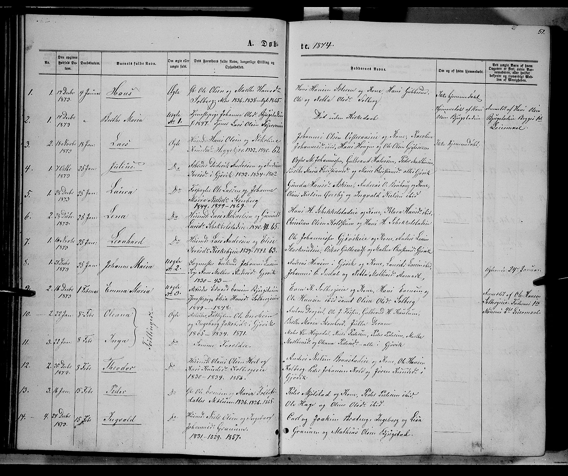 Vardal prestekontor, SAH/PREST-100/H/Ha/Hab/L0006: Parish register (copy) no. 6, 1869-1881, p. 51