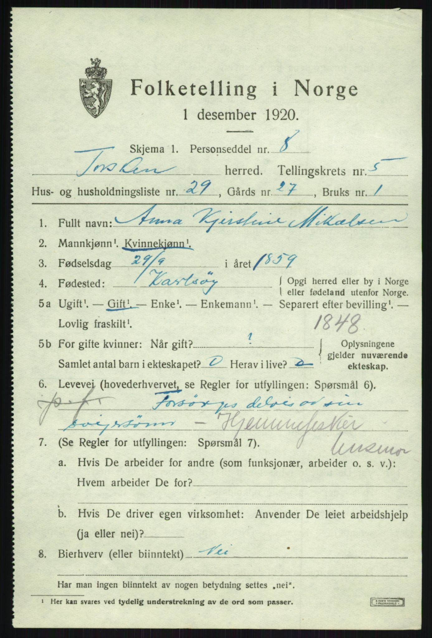 SATØ, 1920 census for Torsken, 1920, p. 2377