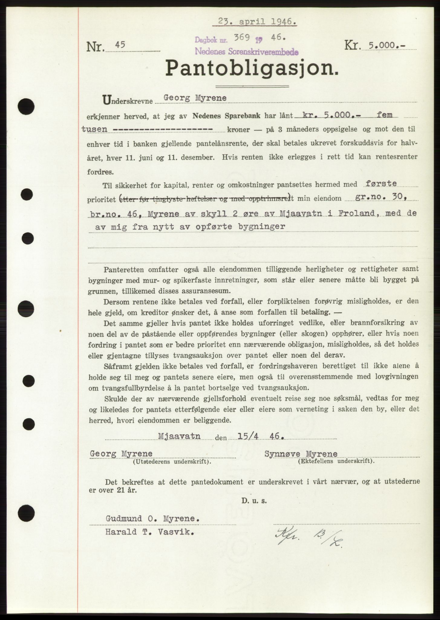 Nedenes sorenskriveri, SAK/1221-0006/G/Gb/Gbb/L0003: Mortgage book no. B3b, 1946-1946, Diary no: : 369/1946