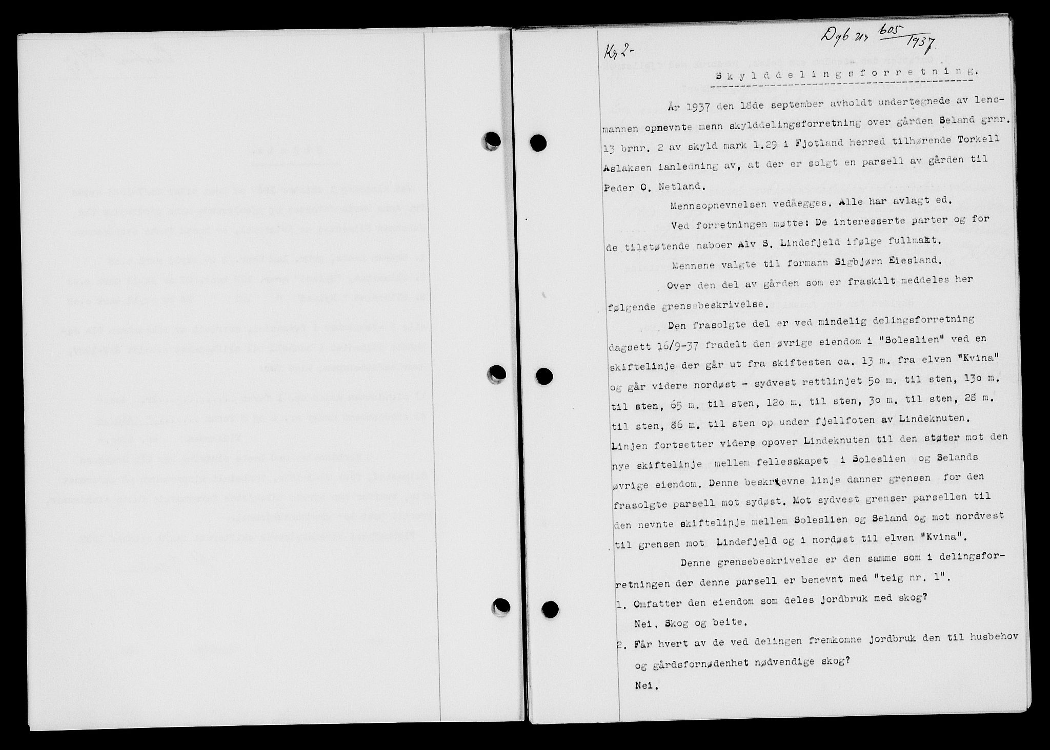 Flekkefjord sorenskriveri, SAK/1221-0001/G/Gb/Gba/L0054: Mortgage book no. A-2, 1937-1938, Diary no: : 605/1937