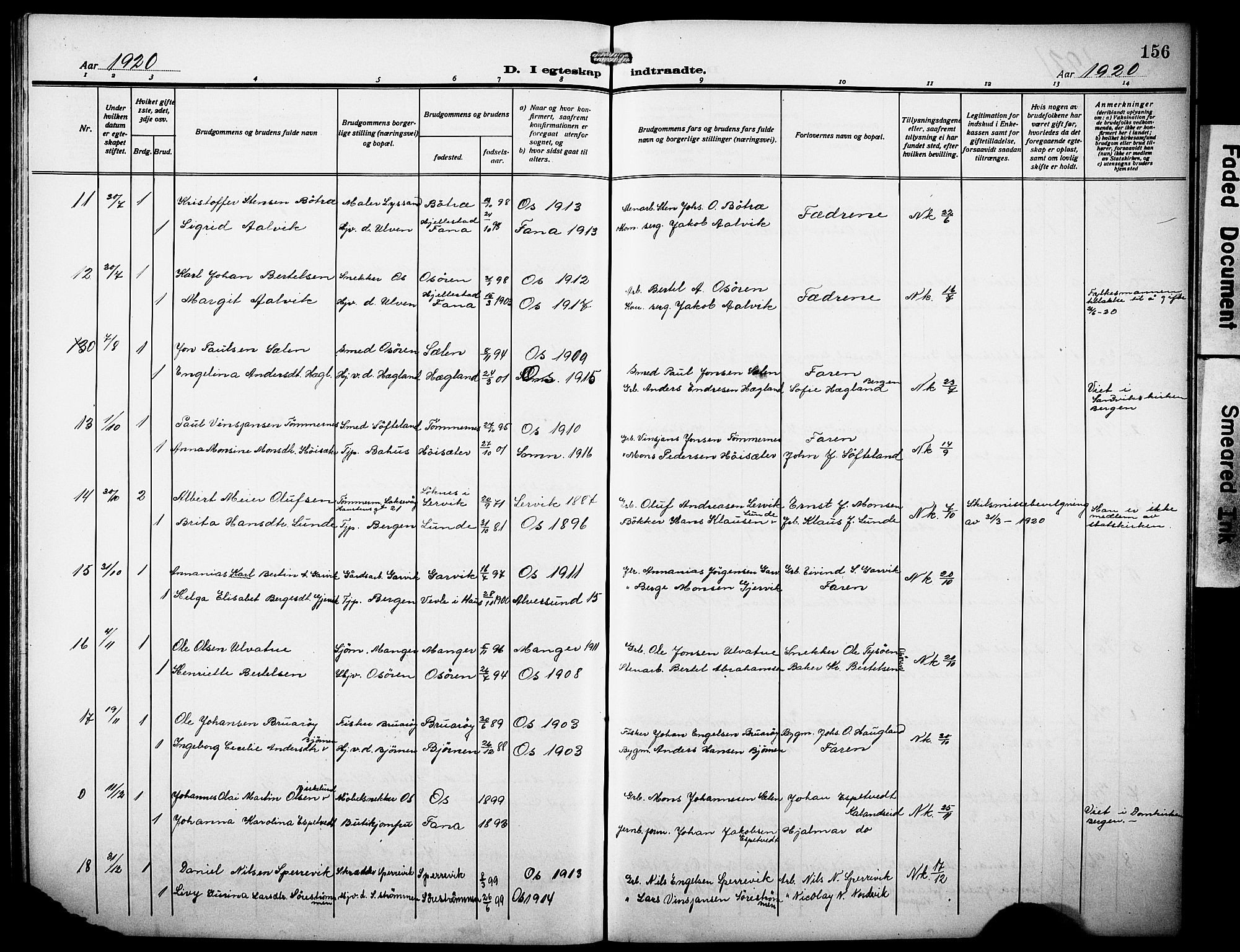 Os sokneprestembete, SAB/A-99929: Parish register (copy) no. A 4, 1914-1923, p. 156