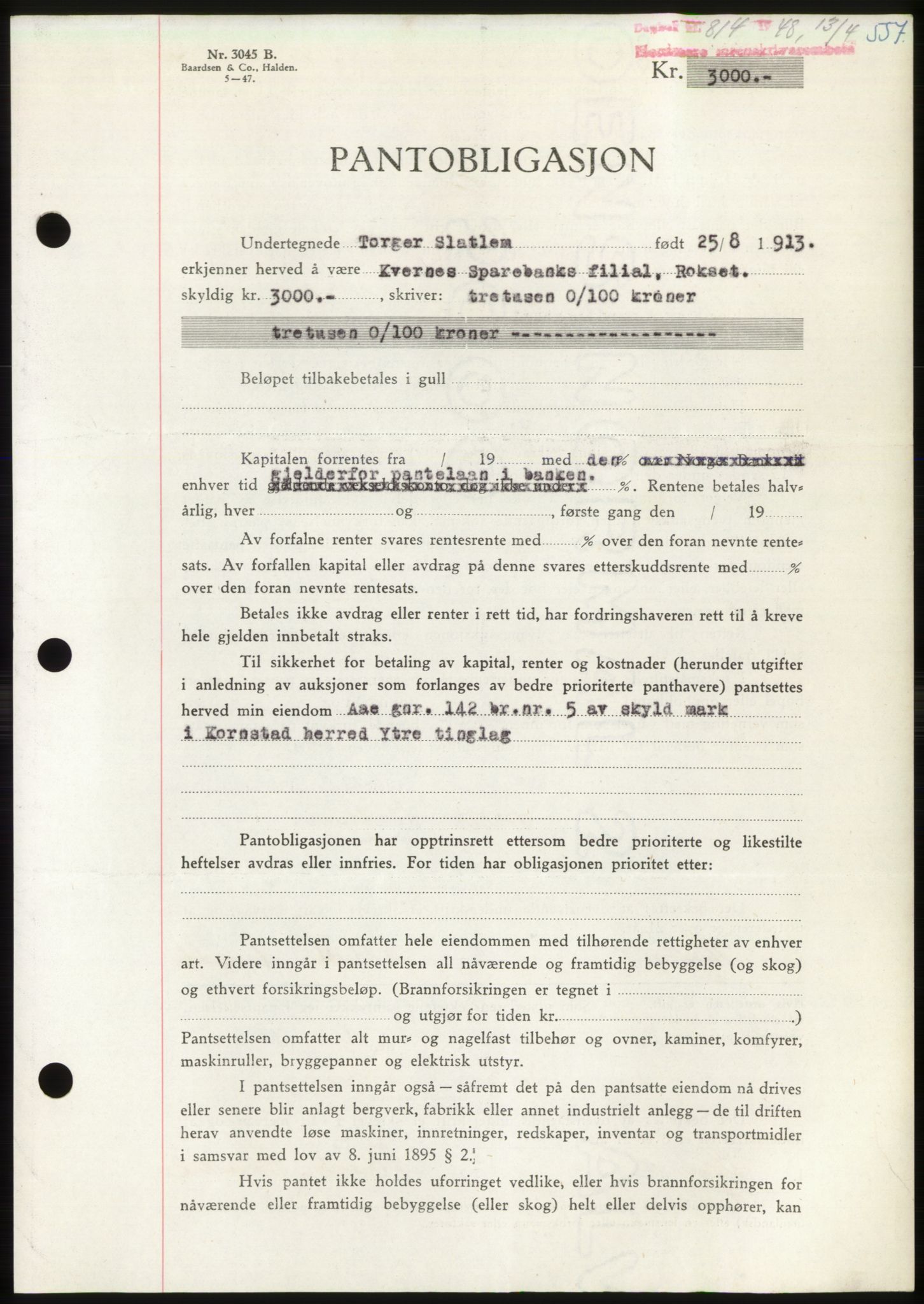 Nordmøre sorenskriveri, AV/SAT-A-4132/1/2/2Ca: Mortgage book no. B98, 1948-1948, Diary no: : 814/1948