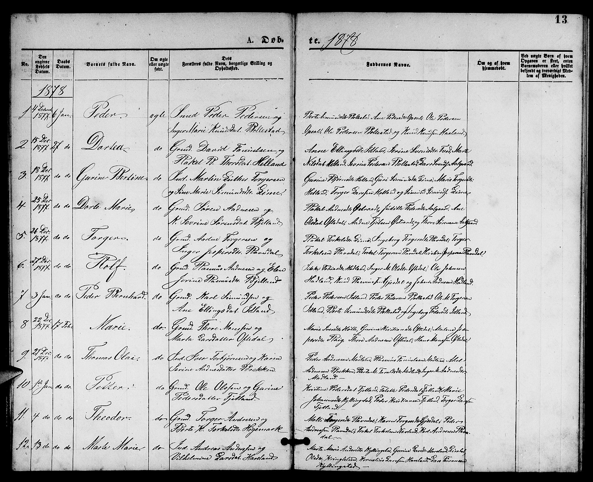 Lye sokneprestkontor, SAST/A-101794/001/30BB/L0005: Parish register (copy) no. B 5, 1875-1886, p. 13