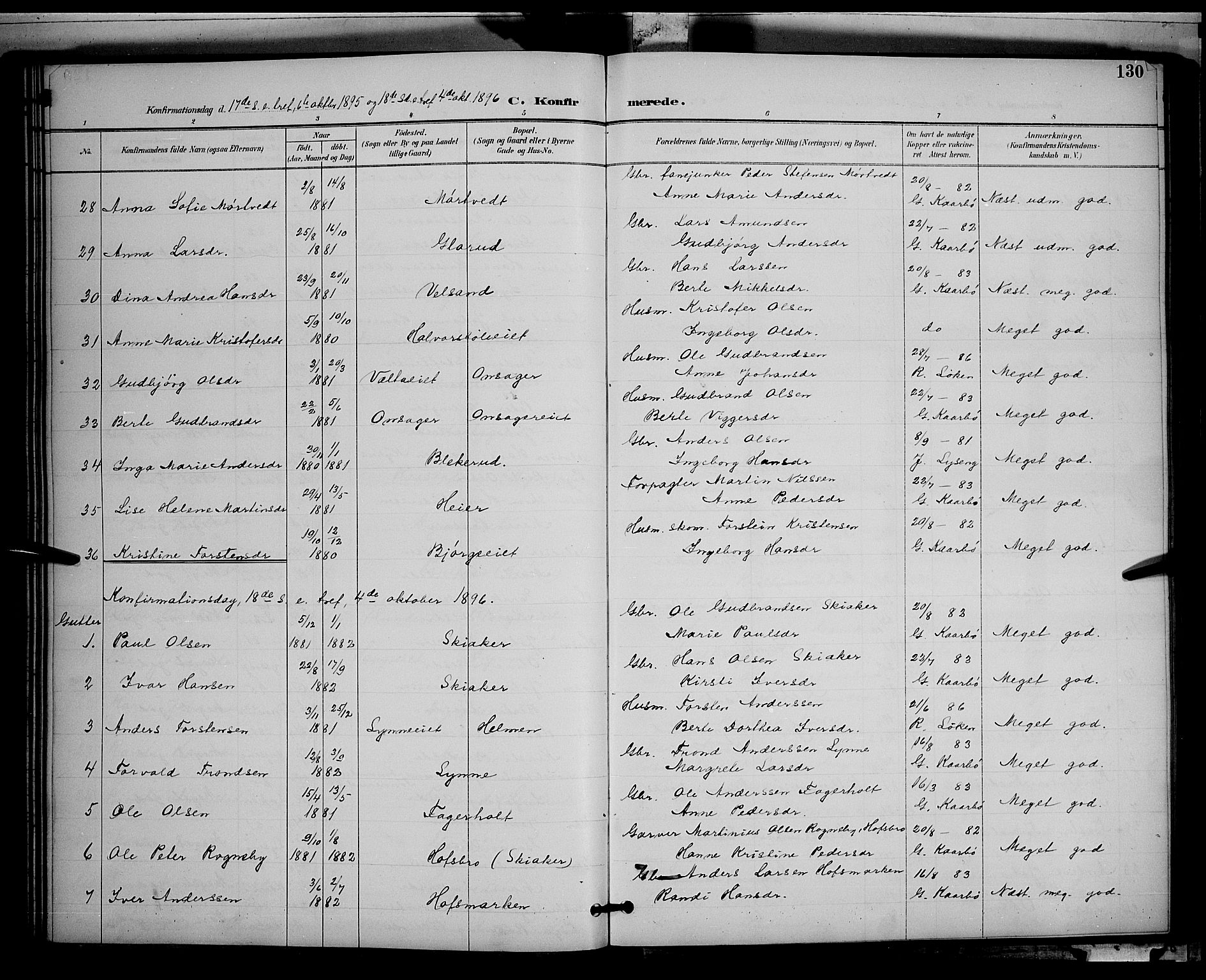 Gran prestekontor, SAH/PREST-112/H/Ha/Hab/L0005: Parish register (copy) no. 5, 1892-1900, p. 130