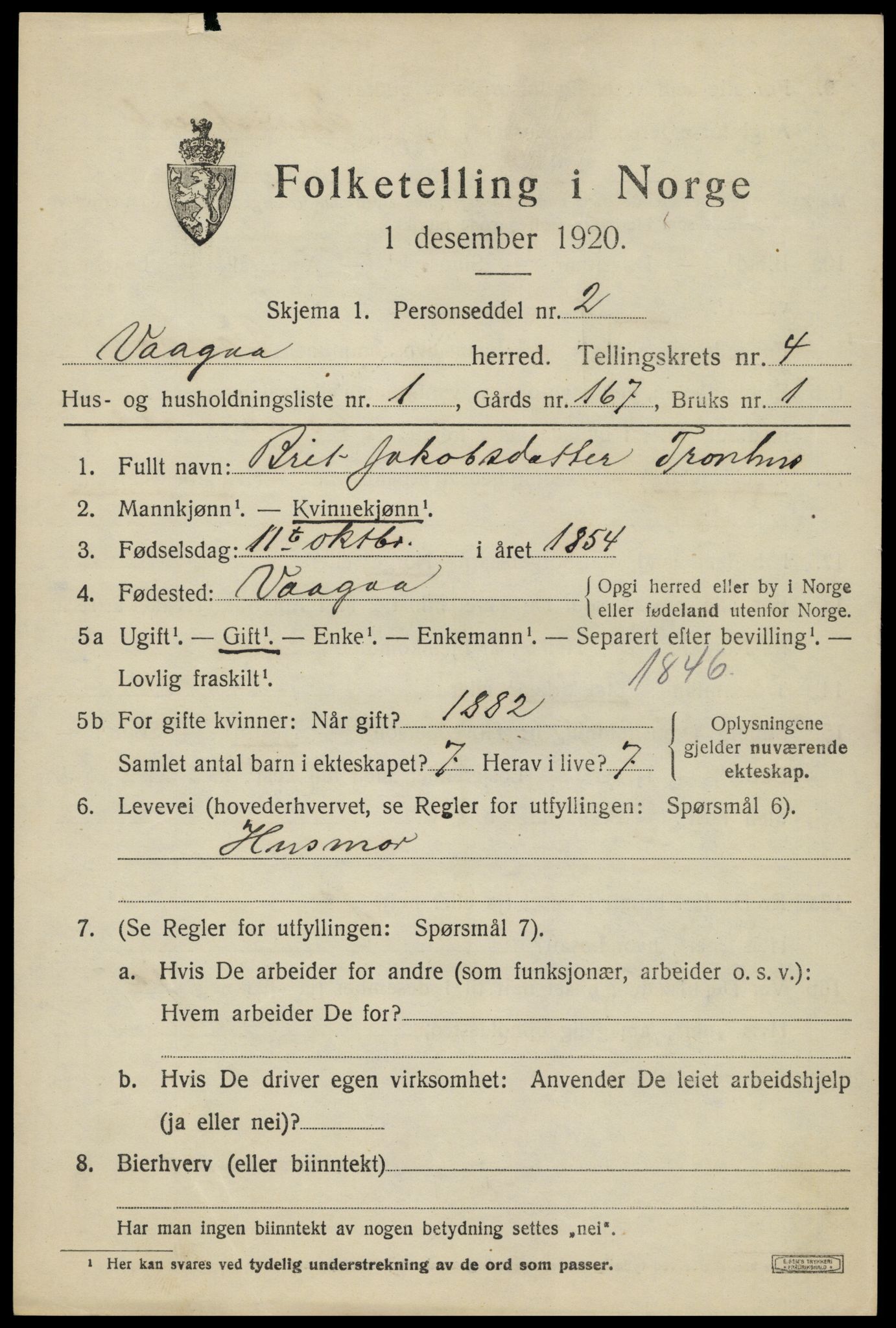 SAH, 1920 census for Vågå, 1920, p. 3388