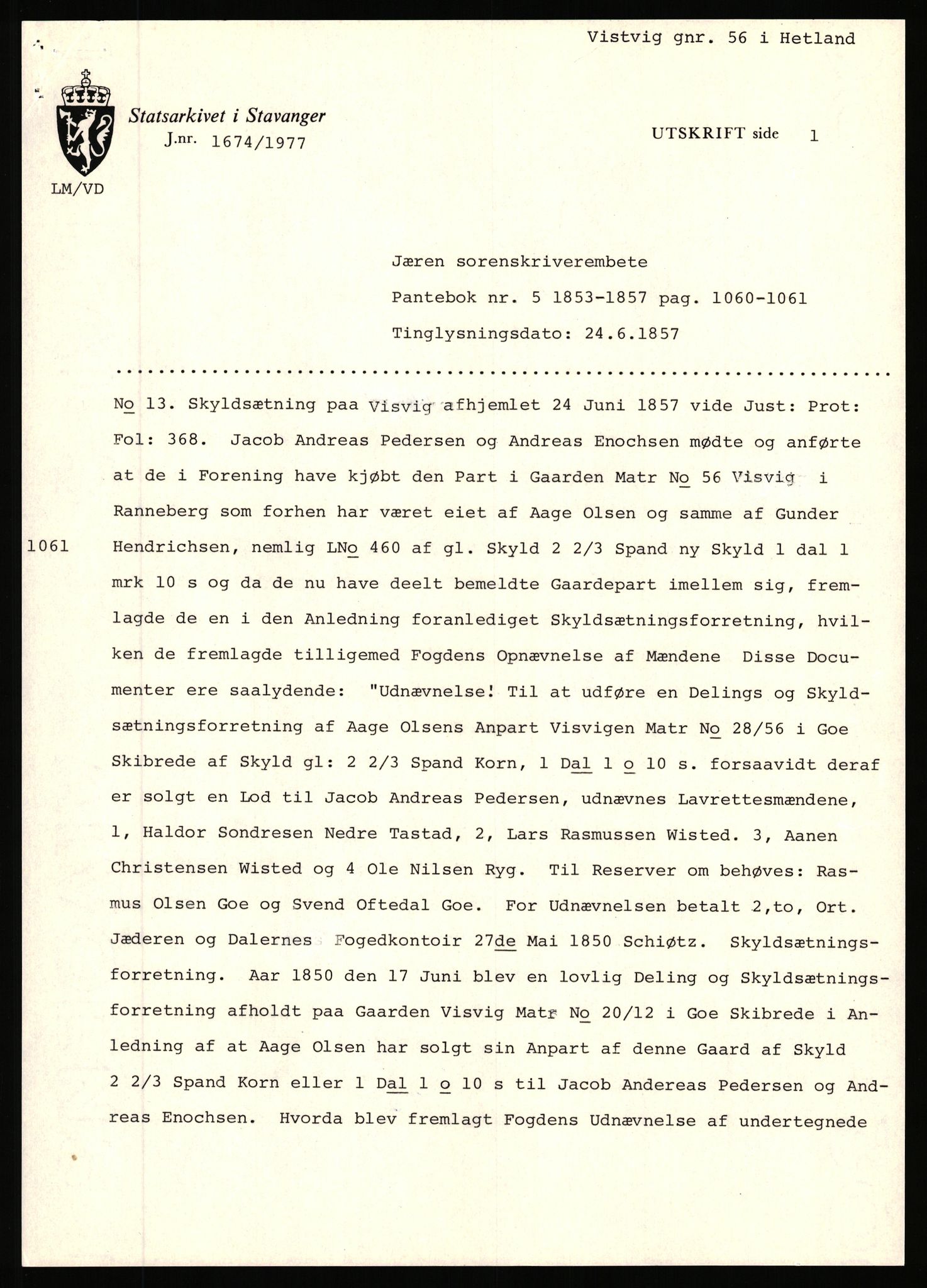 Statsarkivet i Stavanger, AV/SAST-A-101971/03/Y/Yj/L0096: Avskrifter sortert etter gårdsnavn: Vistad - Vågen søndre, 1750-1930, p. 157