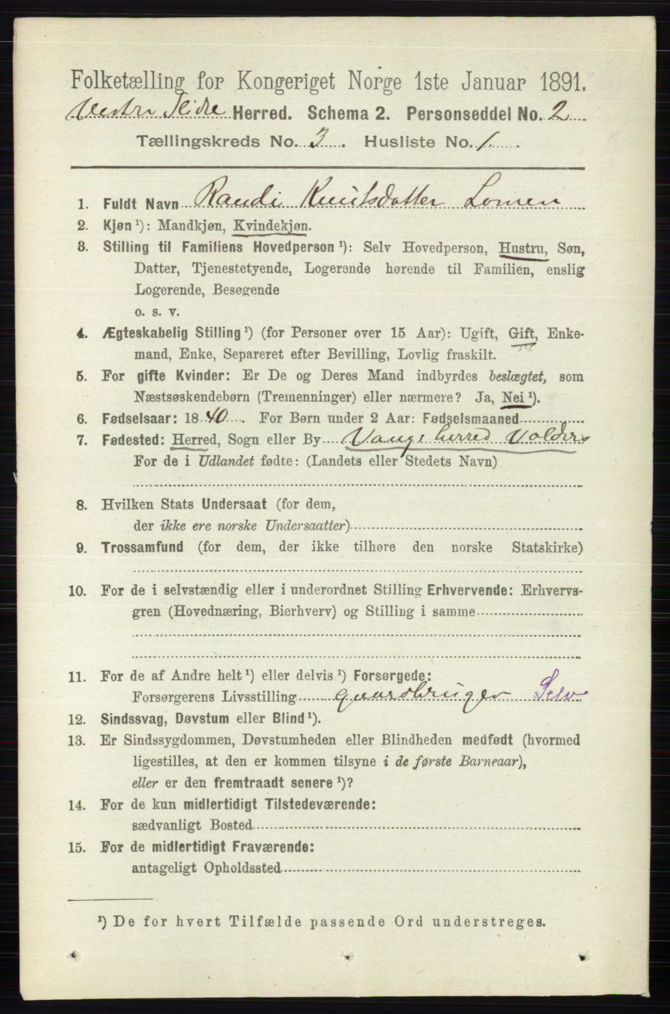 RA, 1891 census for 0543 Vestre Slidre, 1891, p. 823