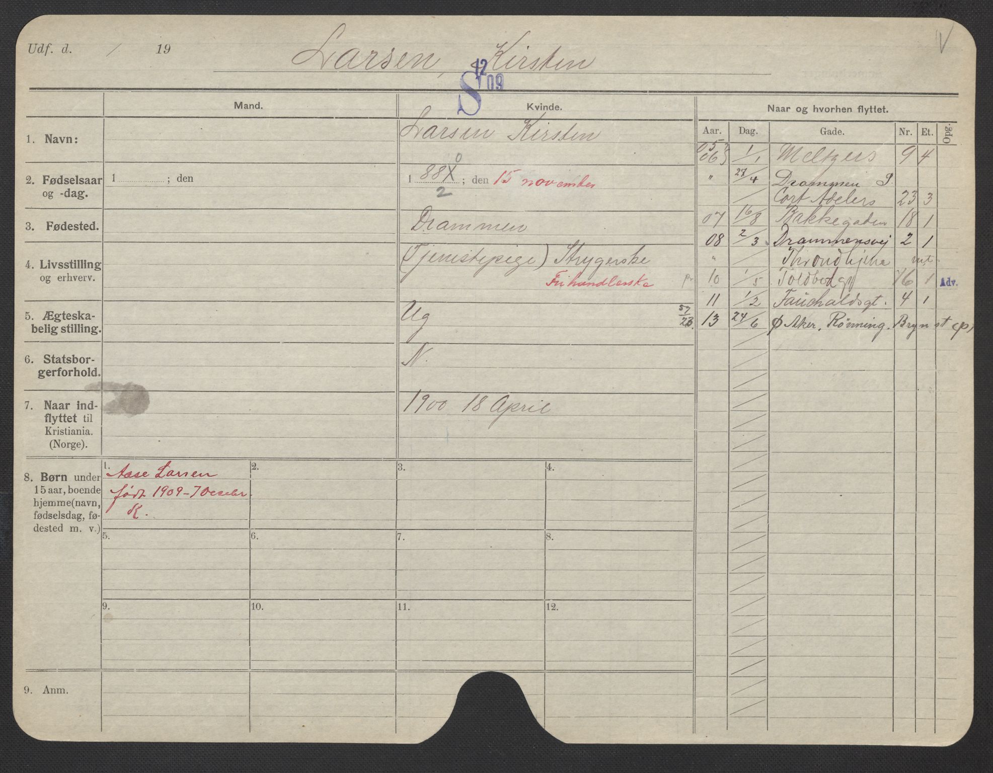 Oslo folkeregister, Registerkort, AV/SAO-A-11715/F/Fa/Fac/L0019: Kvinner, 1906-1914, p. 1007a