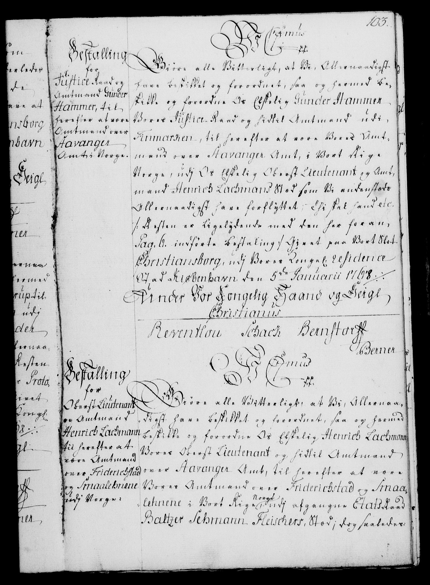 Rentekammeret, Kammerkanselliet, RA/EA-3111/G/Gg/Gge/L0004: Norsk bestallingsprotokoll med register (merket RK 53.28), 1762-1771, p. 103
