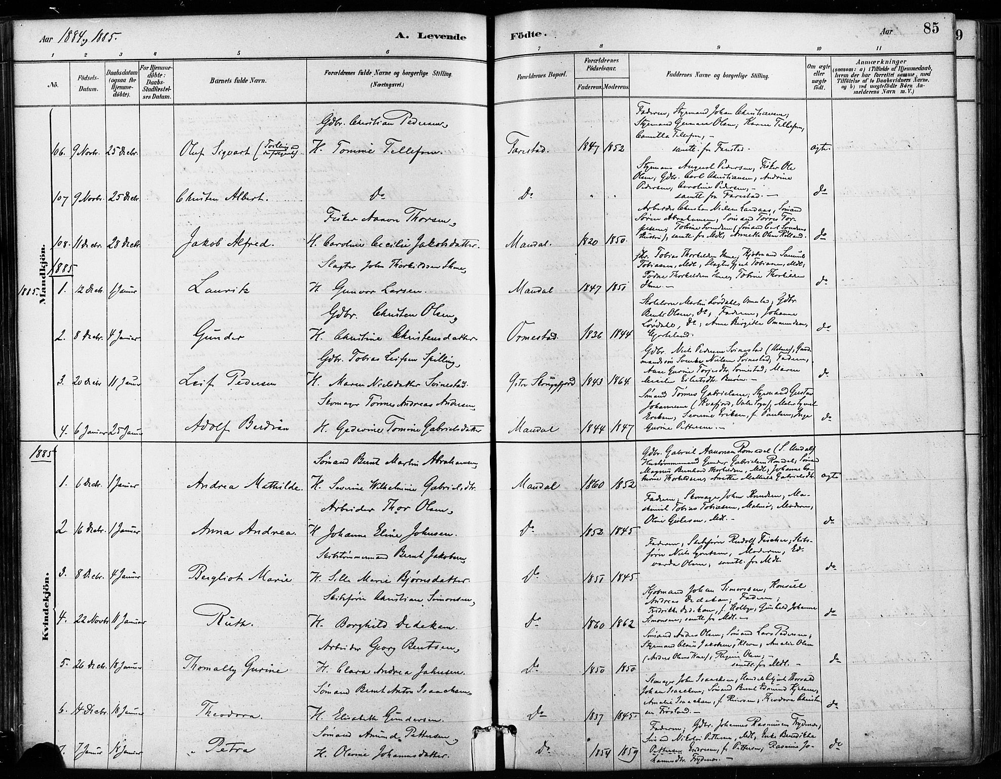 Mandal sokneprestkontor, SAK/1111-0030/F/Fa/Faa/L0016: Parish register (official) no. A 16, 1880-1890, p. 85