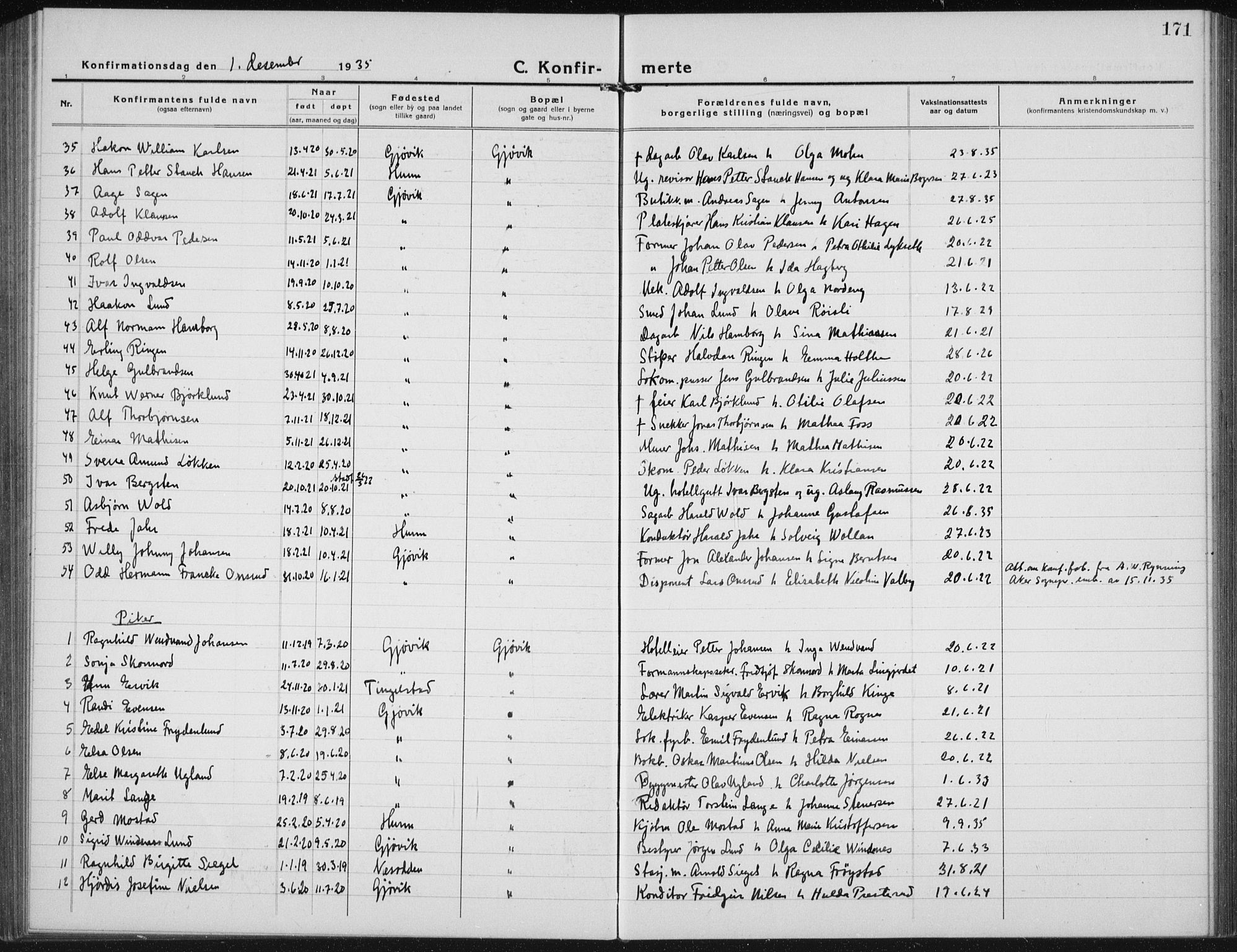 Vardal prestekontor, AV/SAH-PREST-100/H/Ha/Hab/L0017: Parish register (copy) no. 17, 1922-1941, p. 171