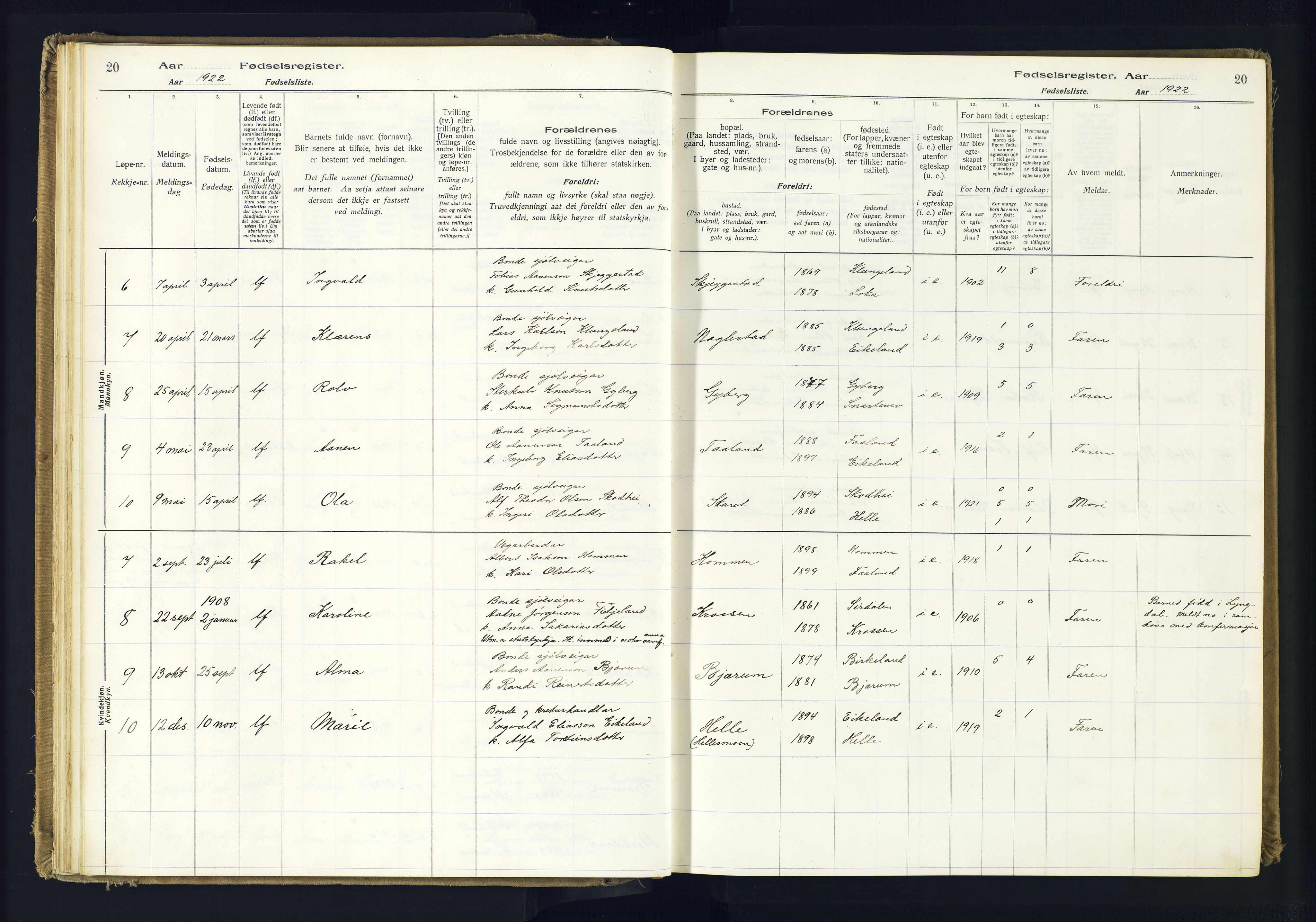 Hægebostad sokneprestkontor, AV/SAK-1111-0024/J/Ja/L0001: Birth register no. II.6.7, 1916-1982, p. 20