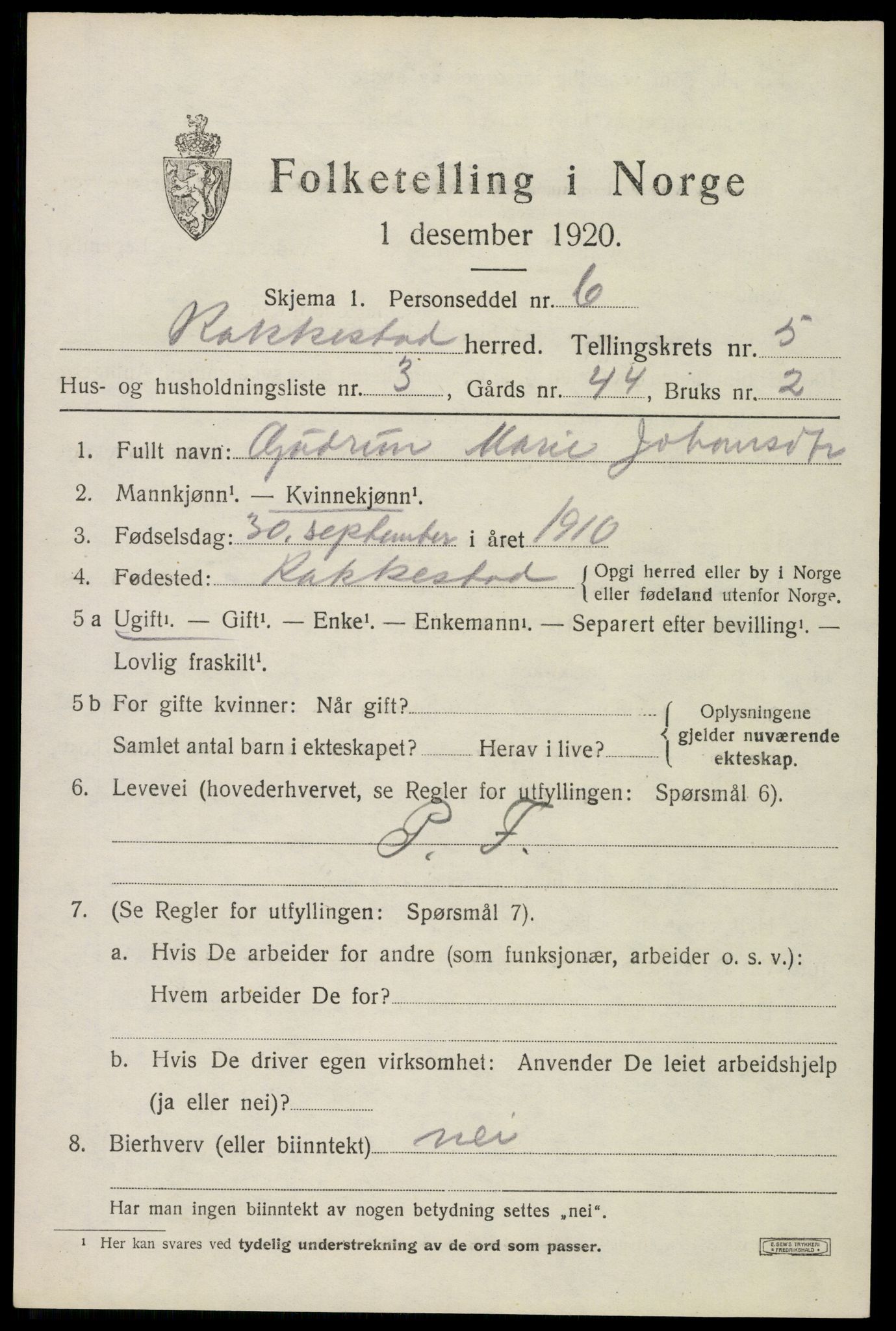 SAO, 1920 census for Rakkestad, 1920, p. 6031