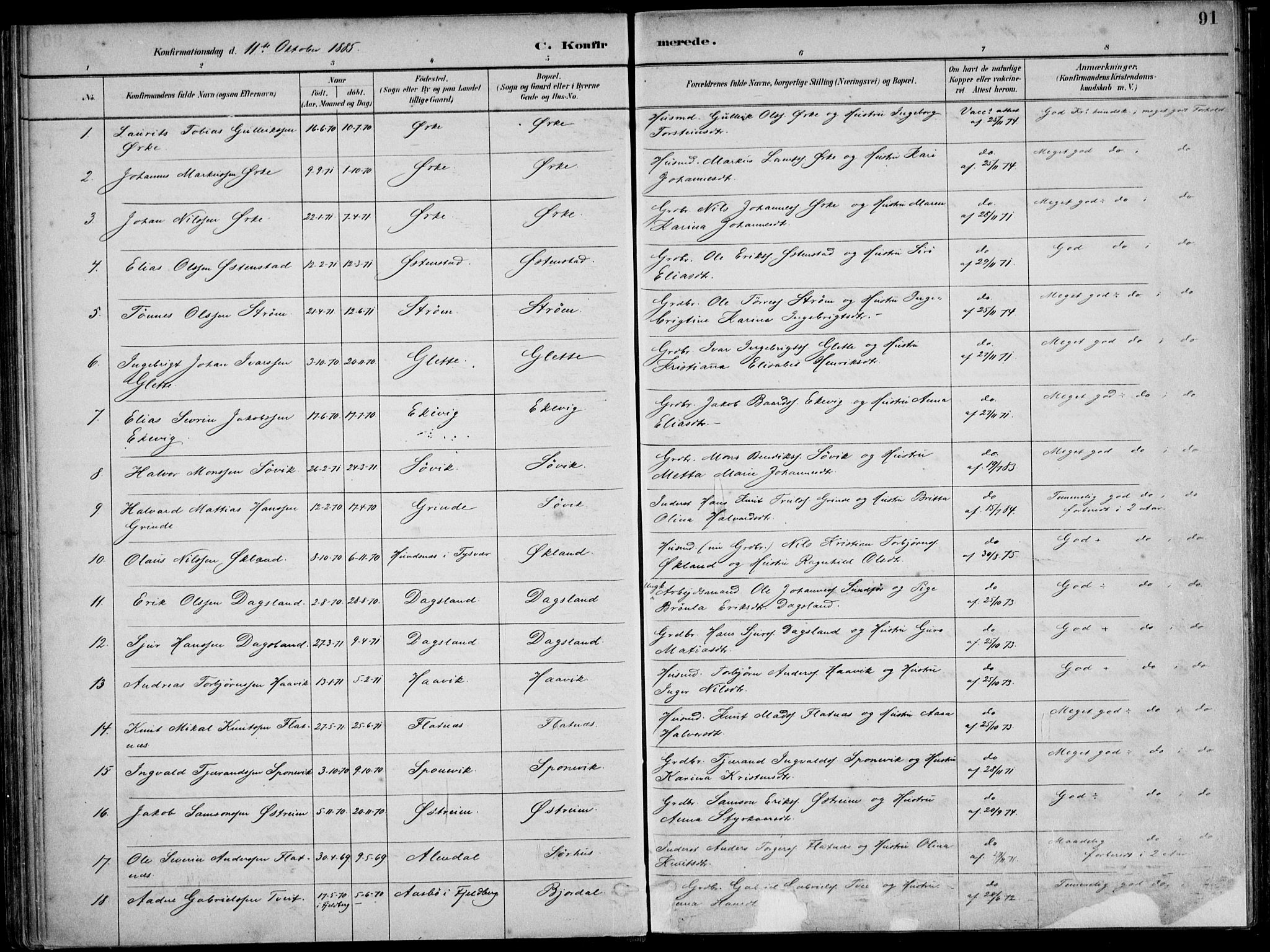 Skjold sokneprestkontor, SAST/A-101847/H/Ha/Haa/L0010: Parish register (official) no. A 10, 1882-1897, p. 91