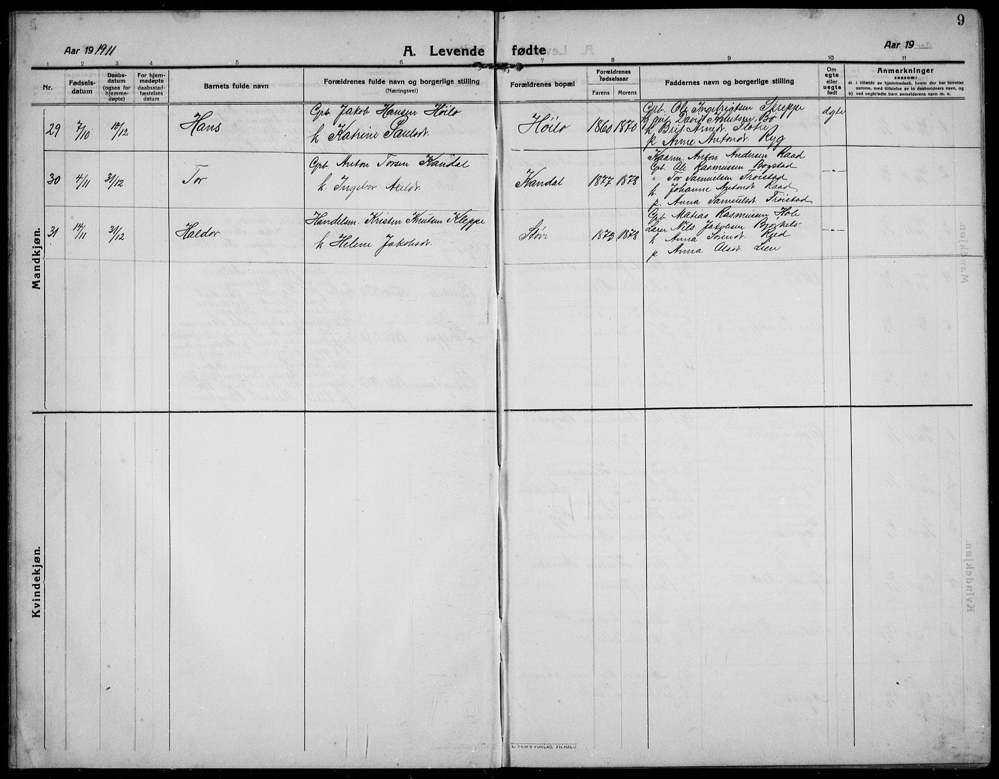 Gloppen sokneprestembete, AV/SAB-A-80101/H/Hab/Habc/L0003: Parish register (copy) no. C 3, 1911-1938, p. 9
