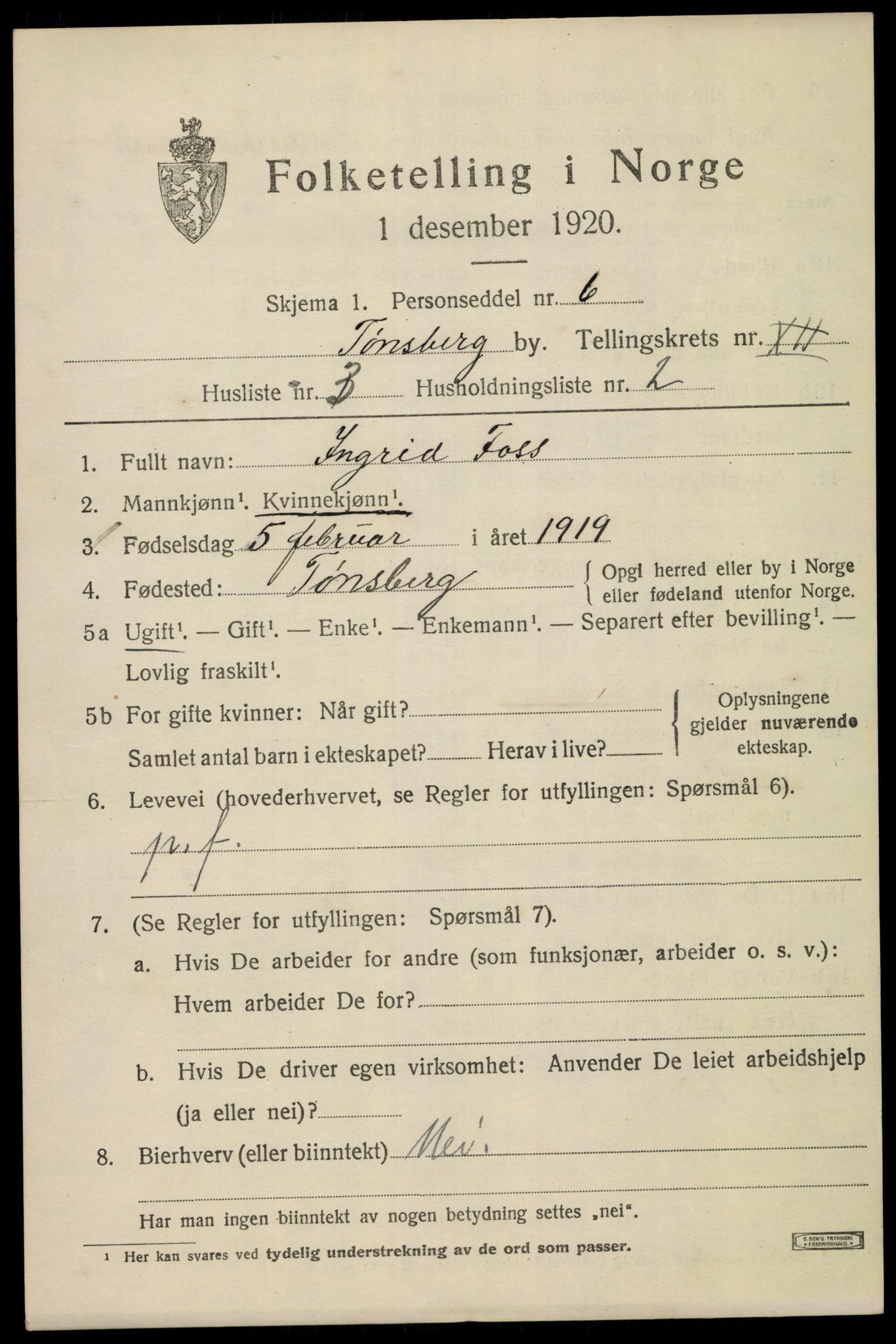 SAKO, 1920 census for Tønsberg, 1920, p. 20029