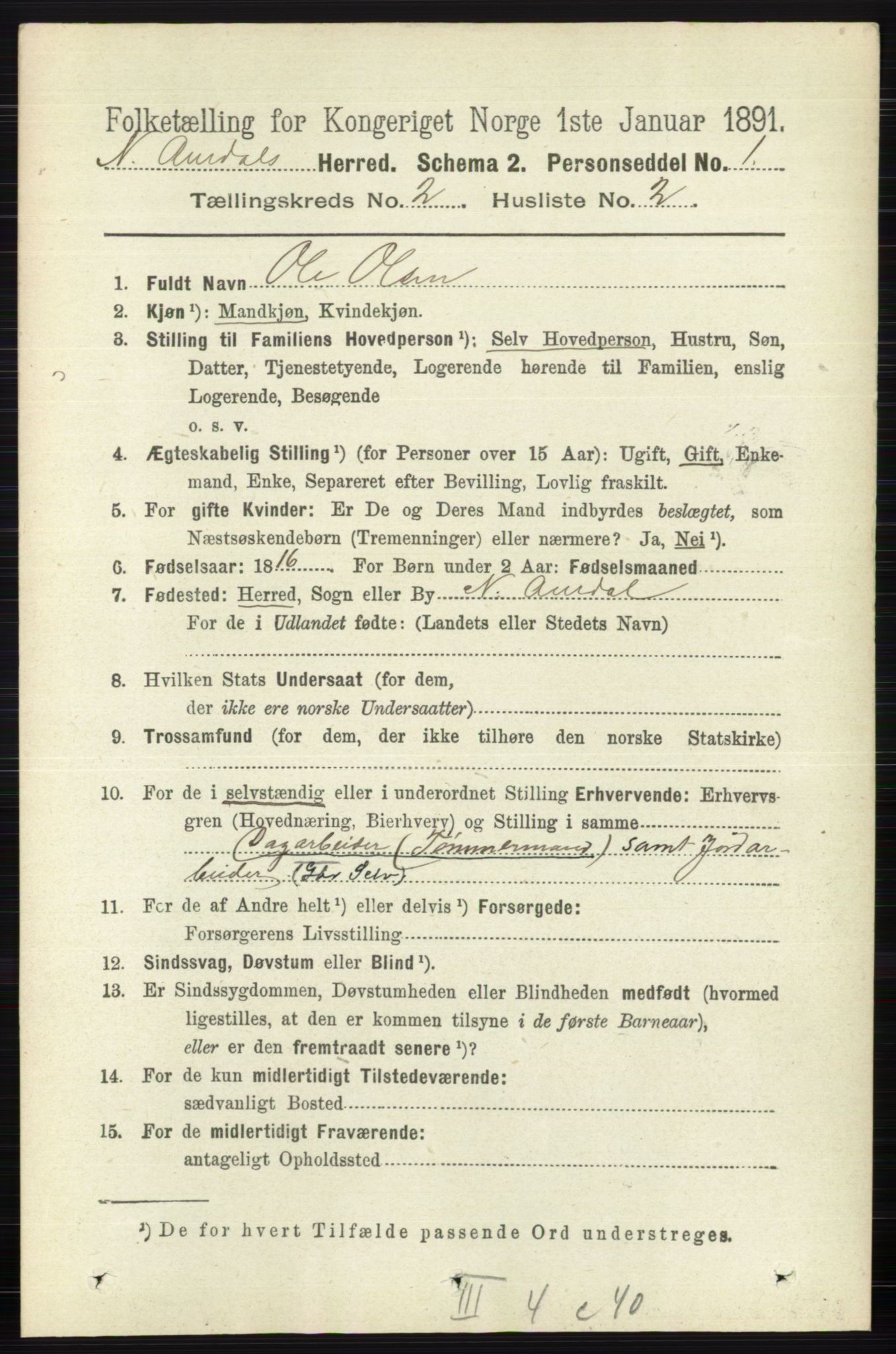 RA, 1891 census for 0542 Nord-Aurdal, 1891, p. 600