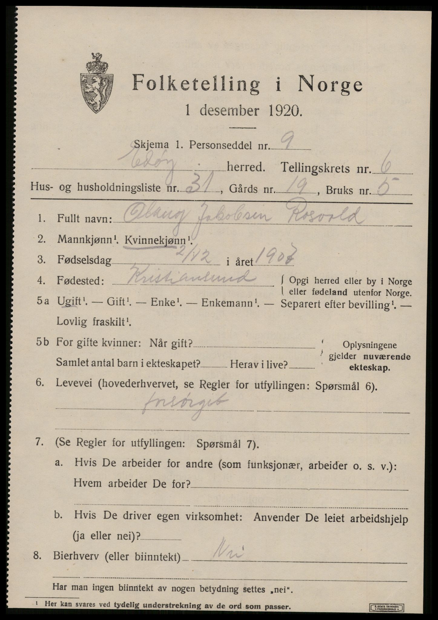 SAT, 1920 census for Edøy, 1920, p. 2192