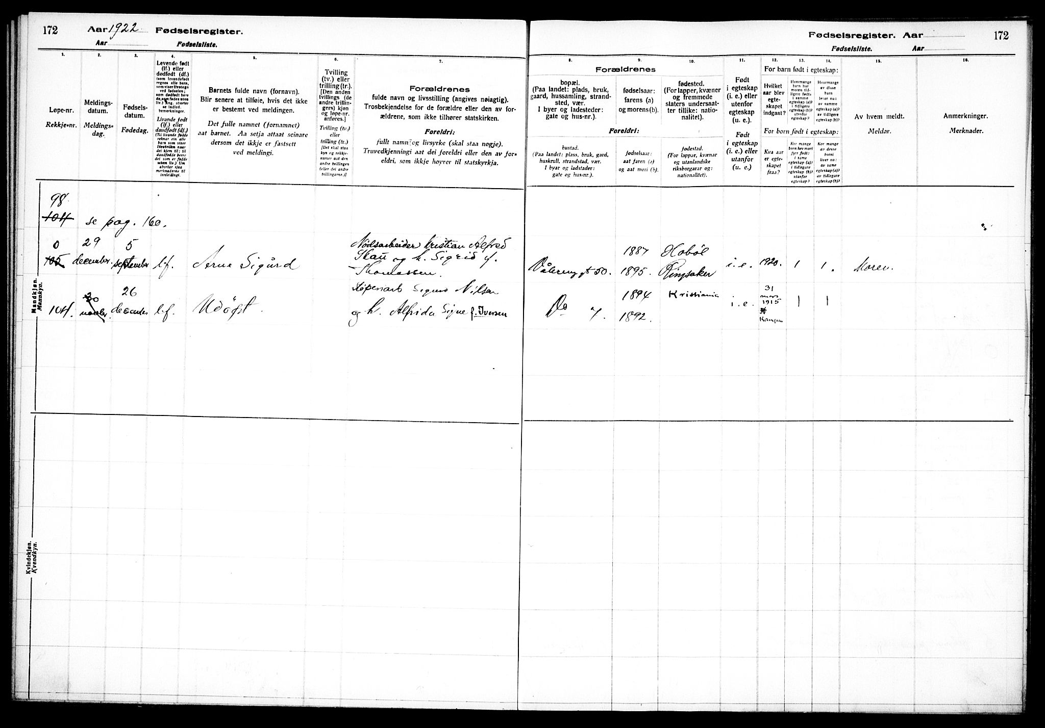 Vålerengen prestekontor Kirkebøker, SAO/A-10878/J/Ja/L0001: Birth register no. 1, 1916-1924, p. 172