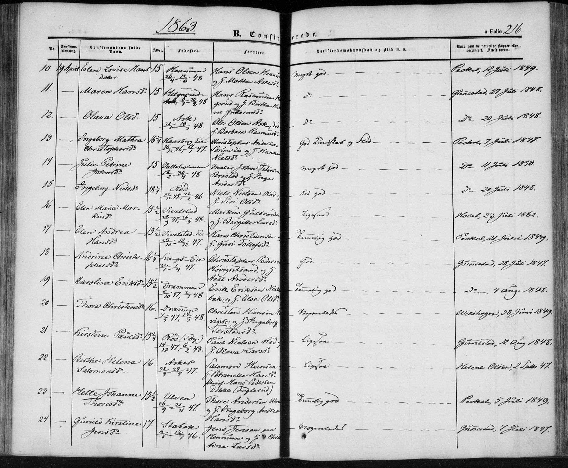Lier kirkebøker, AV/SAKO-A-230/F/Fa/L0012: Parish register (official) no. I 12, 1854-1864, p. 216