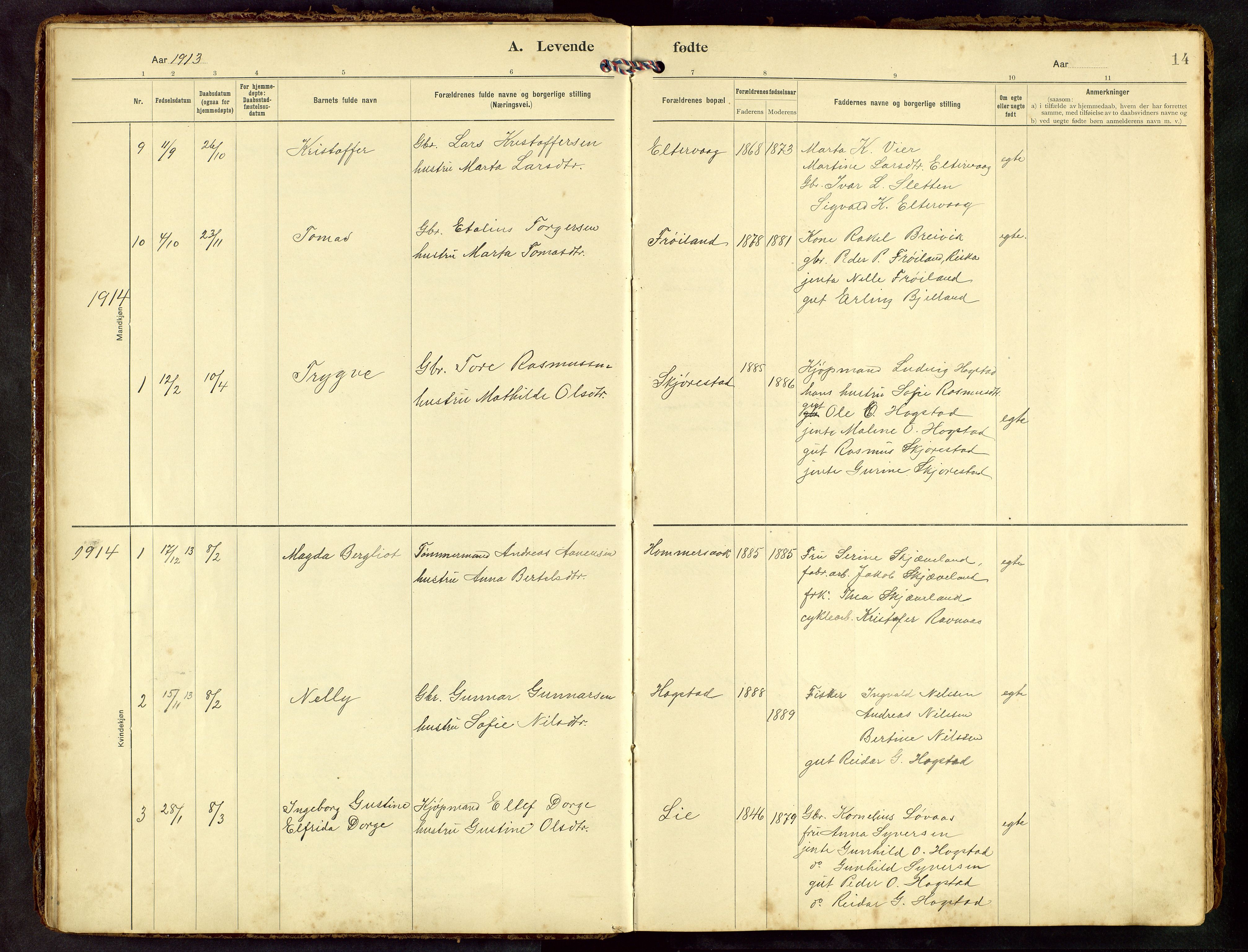 Hetland sokneprestkontor, SAST/A-101826/30/30BB/L0010: Parish register (copy) no. B 10, 1910-1968, p. 14