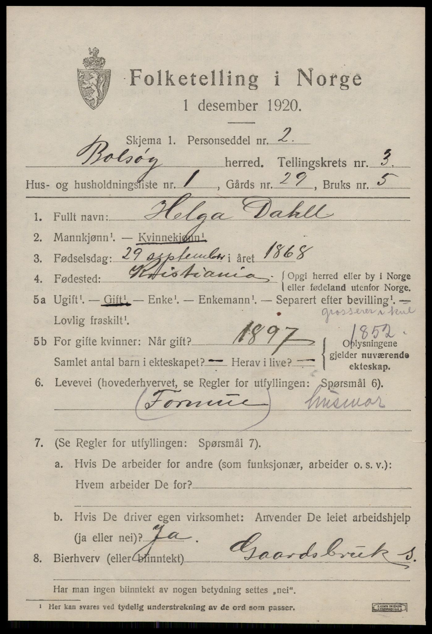 SAT, 1920 census for Bolsøy, 1920, p. 5337