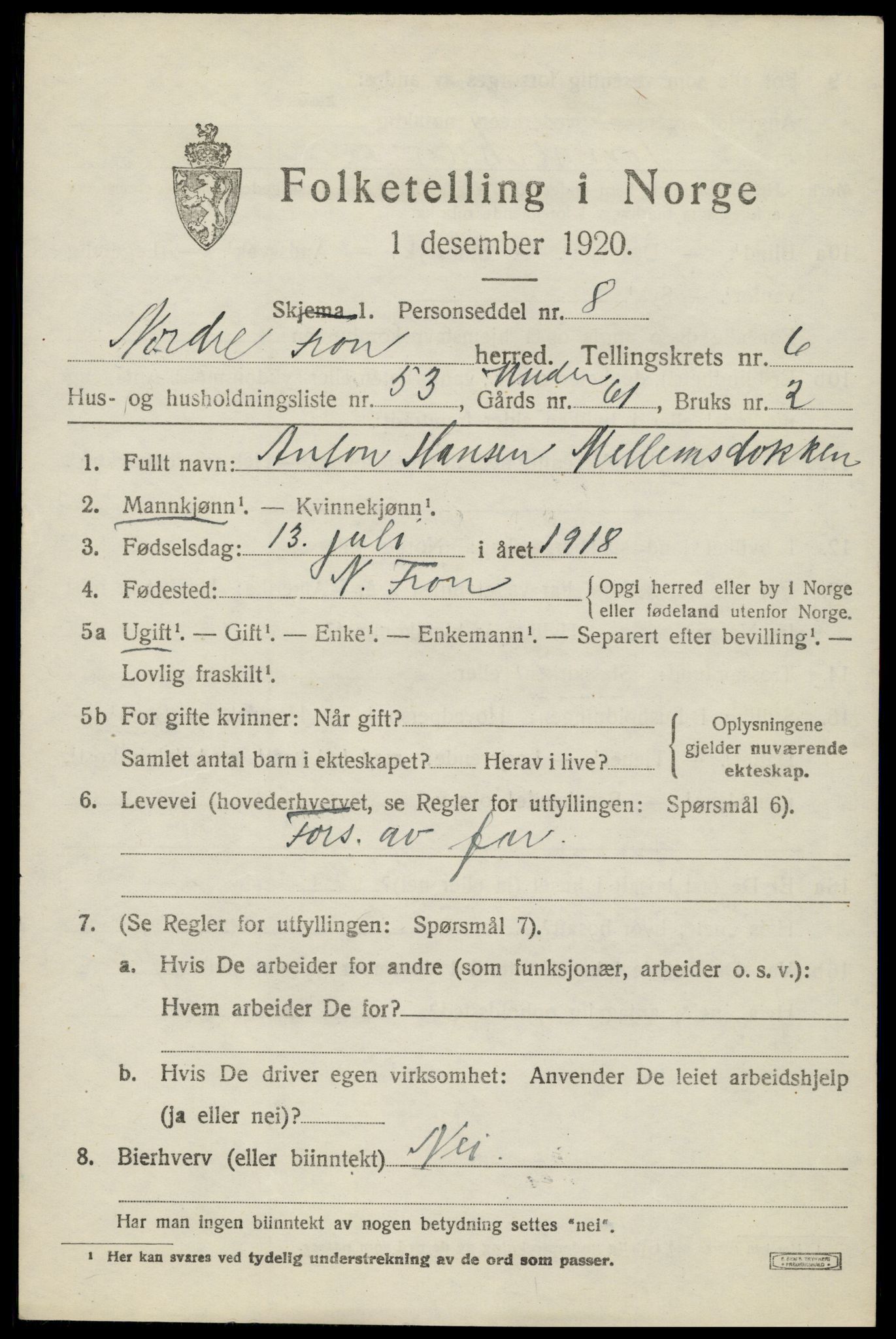 SAH, 1920 census for Nord-Fron, 1920, p. 5954