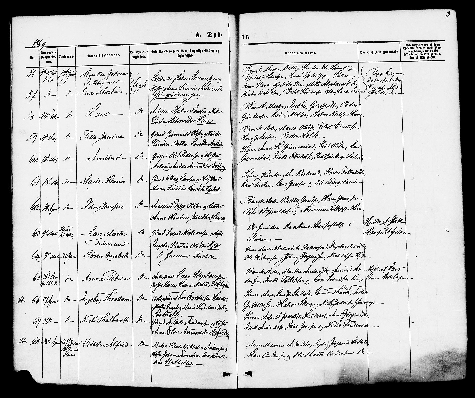 Bamble kirkebøker, SAKO/A-253/F/Fa/L0006: Parish register (official) no. I 6, 1869-1877, p. 3