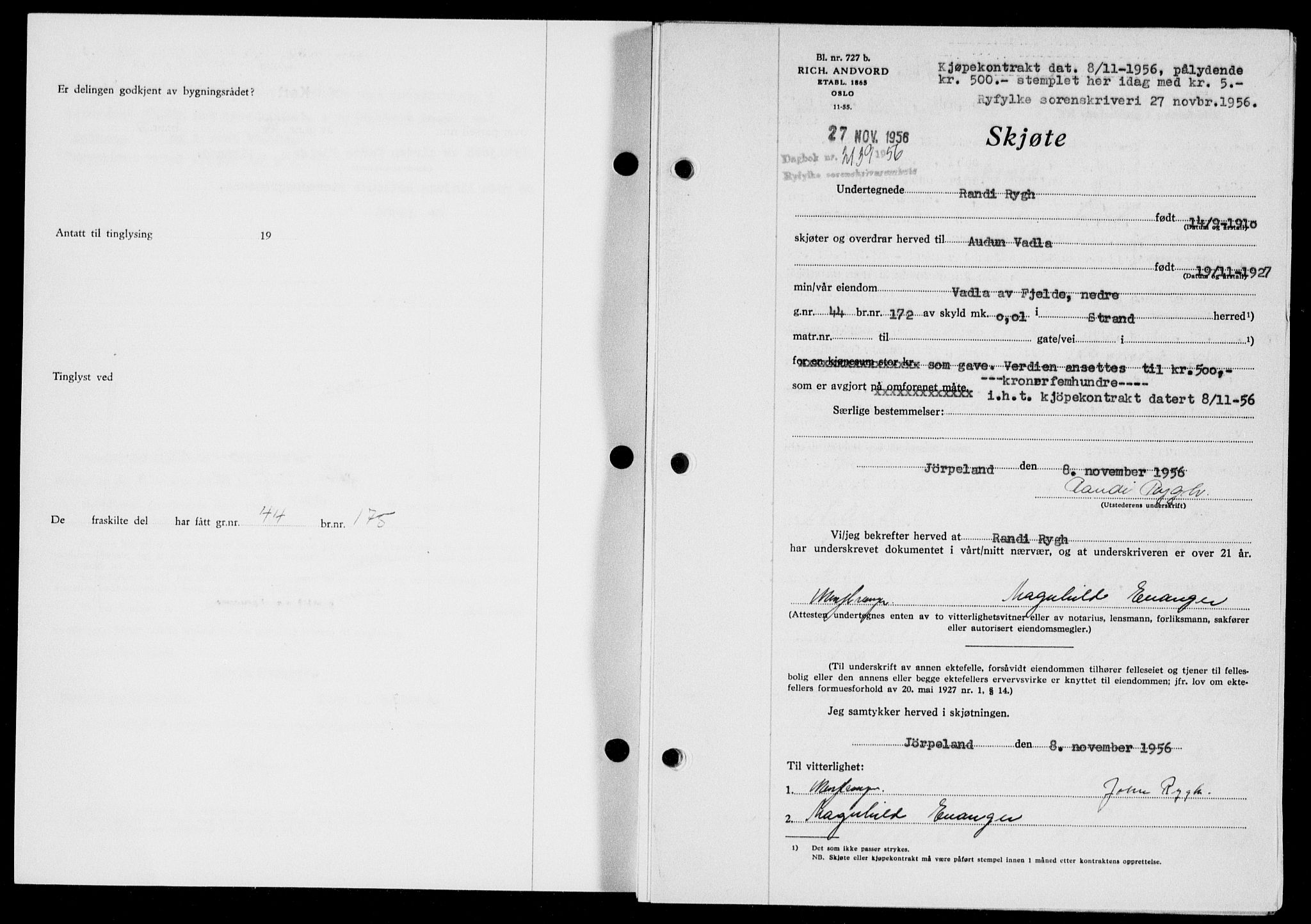 Ryfylke tingrett, AV/SAST-A-100055/001/II/IIB/L0135: Mortgage book no. 114, 1956-1957, Diary no: : 2139/1956