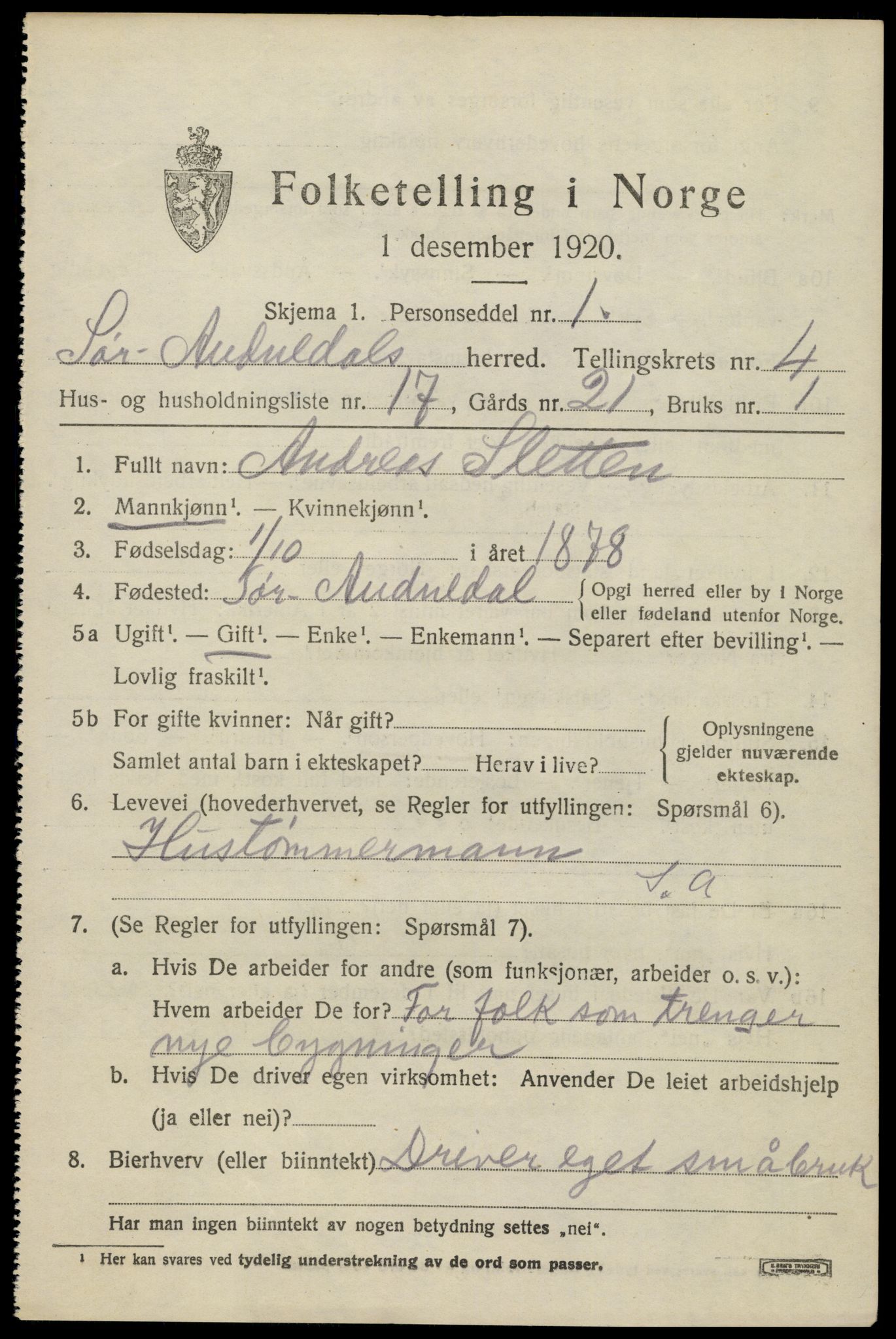 SAK, 1920 census for Sør-Audnedal, 1920, p. 2291