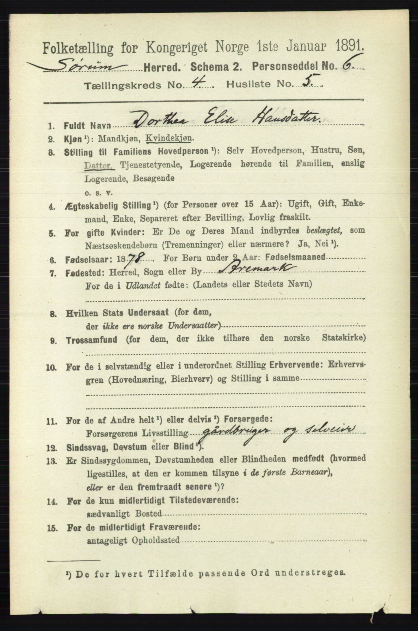 RA, 1891 census for 0226 Sørum, 1891, p. 1906