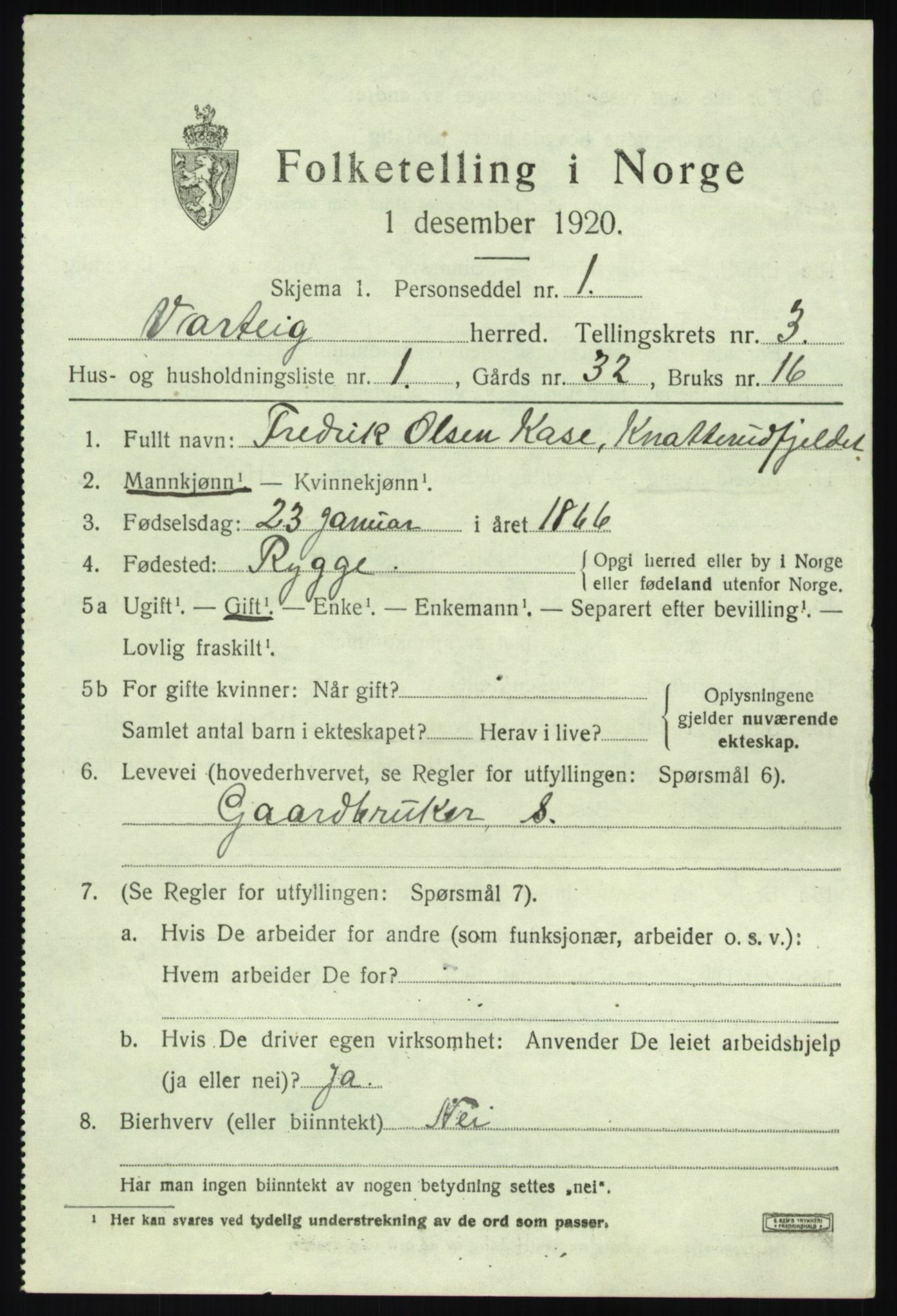 SAO, 1920 census for Varteig, 1920, p. 1945