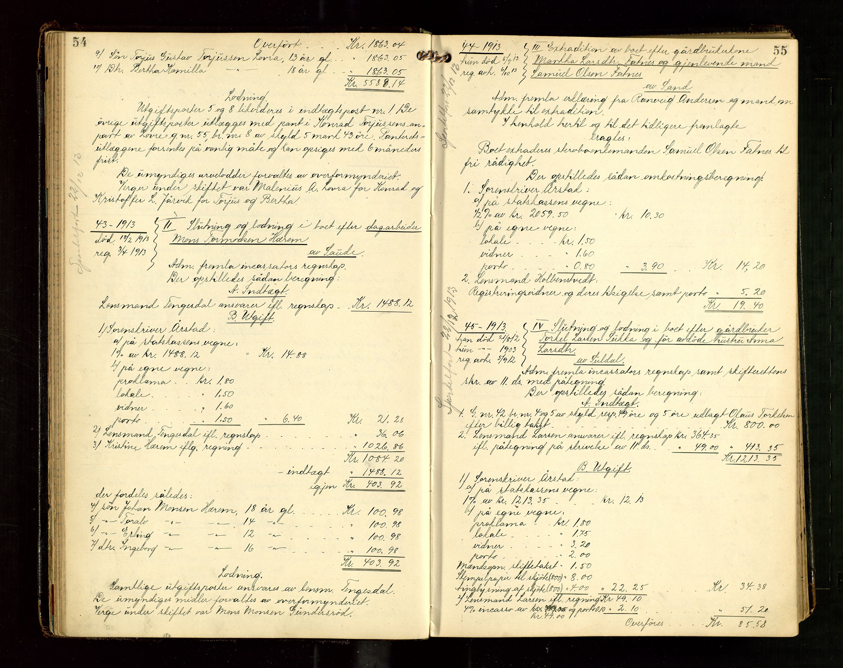 Ryfylke tingrett, AV/SAST-A-100055/001/IV/IVG/L0004: Skifteutlodningsprotokoll Med register, 1912-1918, p. 54-55