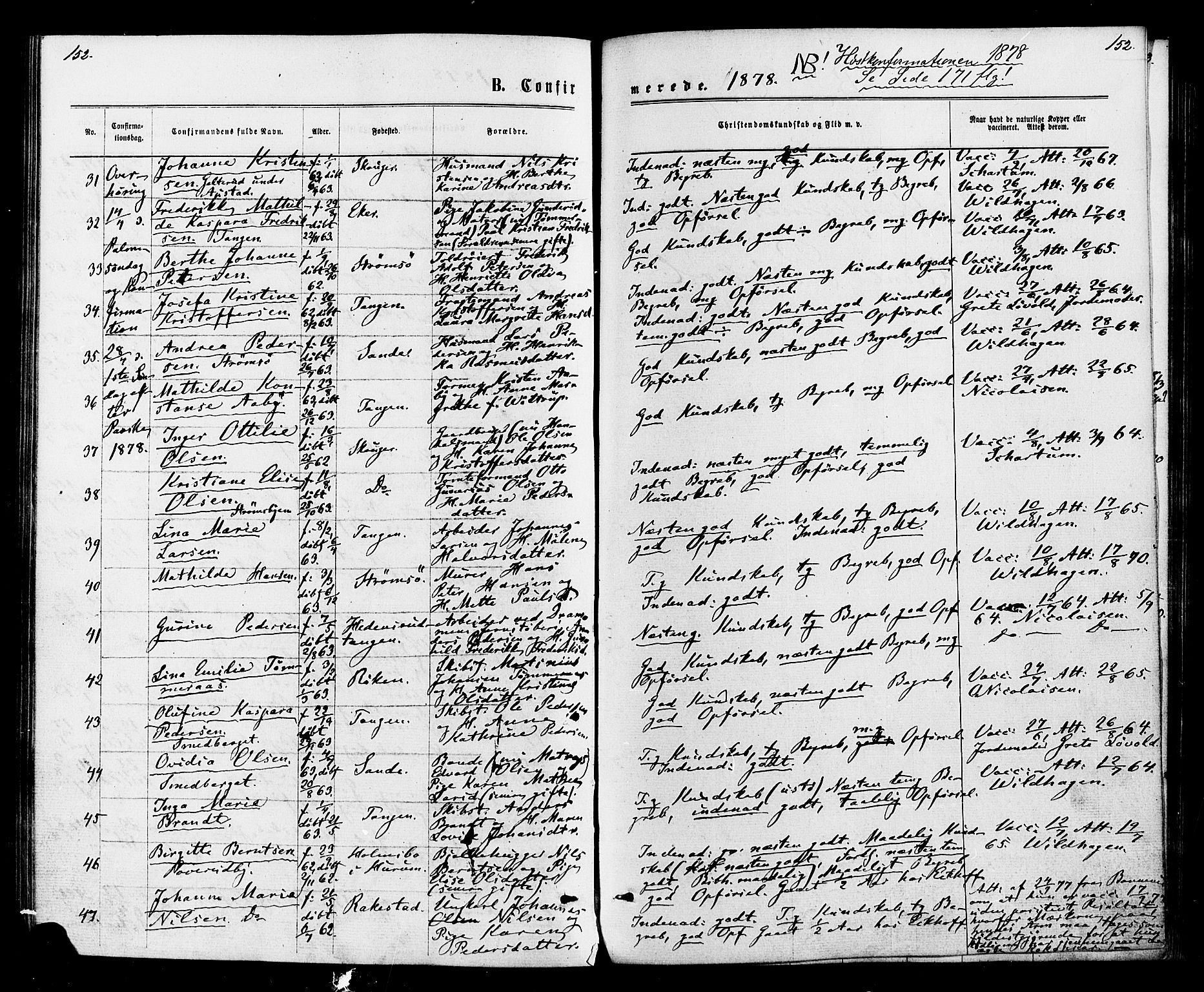 Strømsø kirkebøker, AV/SAKO-A-246/F/Fa/L0020: Parish register (official) no. I 20, 1870-1878, p. 152