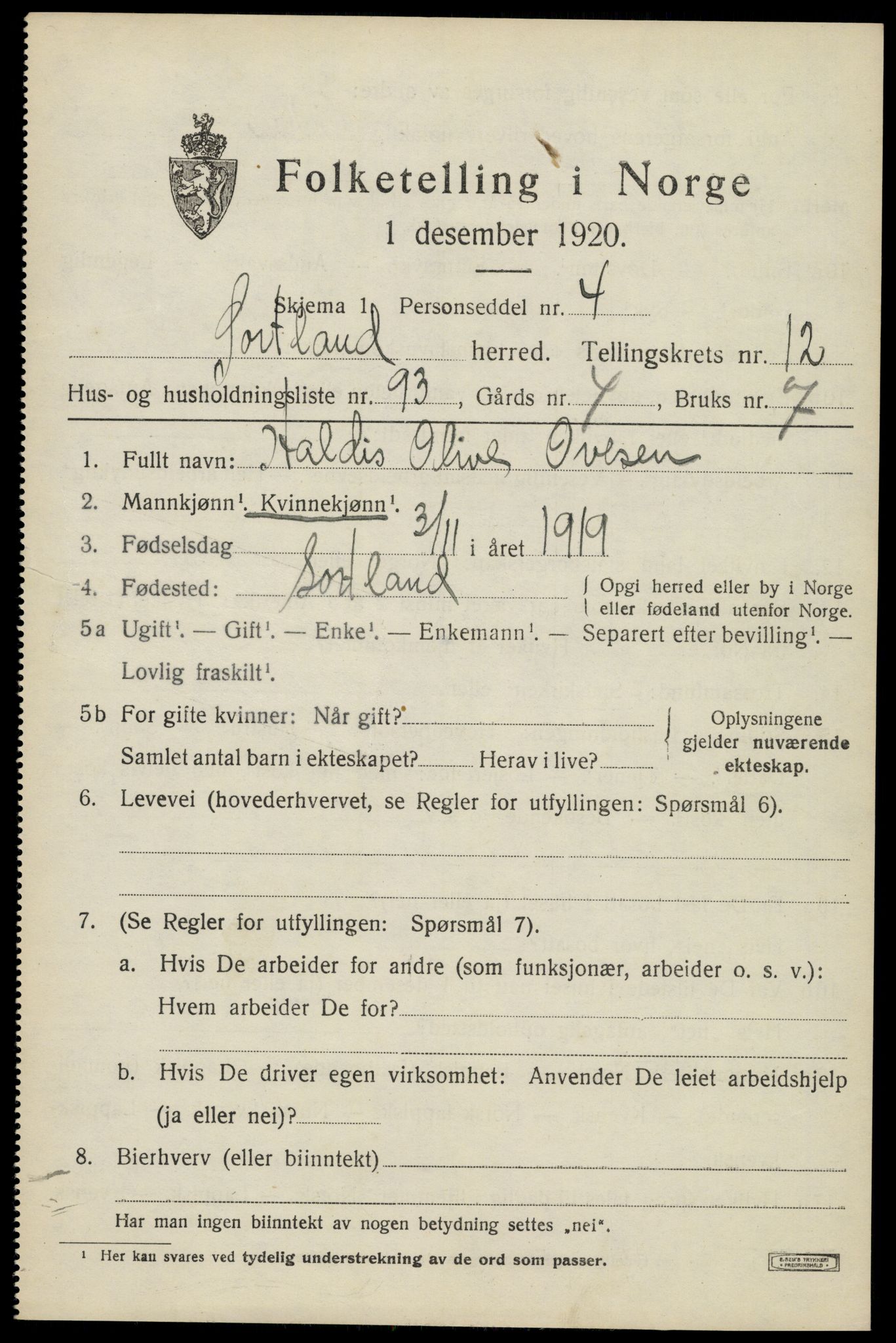 SAT, 1920 census for Sortland, 1920, p. 10242