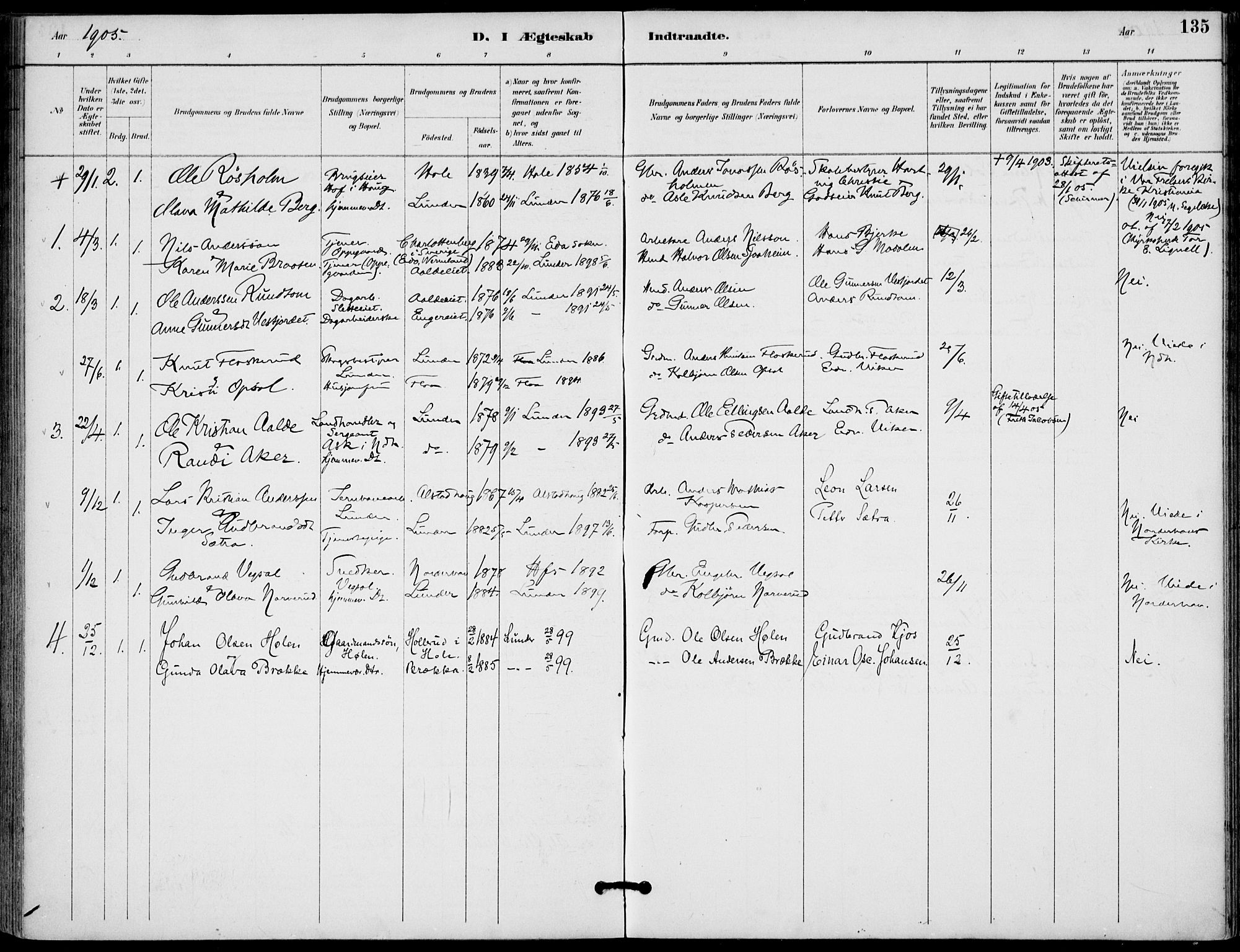 Lunder kirkebøker, AV/SAKO-A-629/F/Fa/L0001: Parish register (official) no. I 1, 1885-1912, p. 135