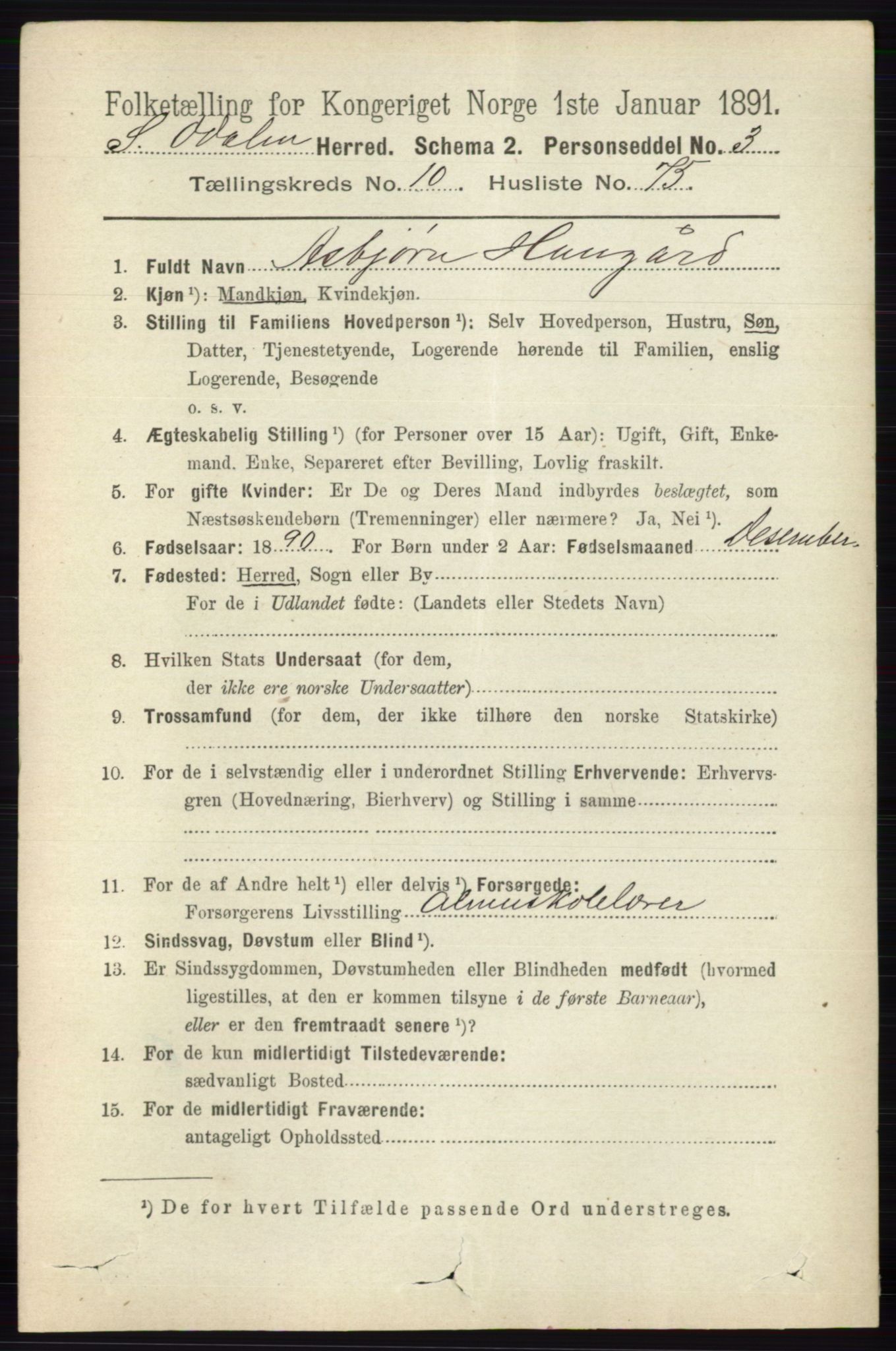 RA, 1891 census for 0419 Sør-Odal, 1891, p. 4822