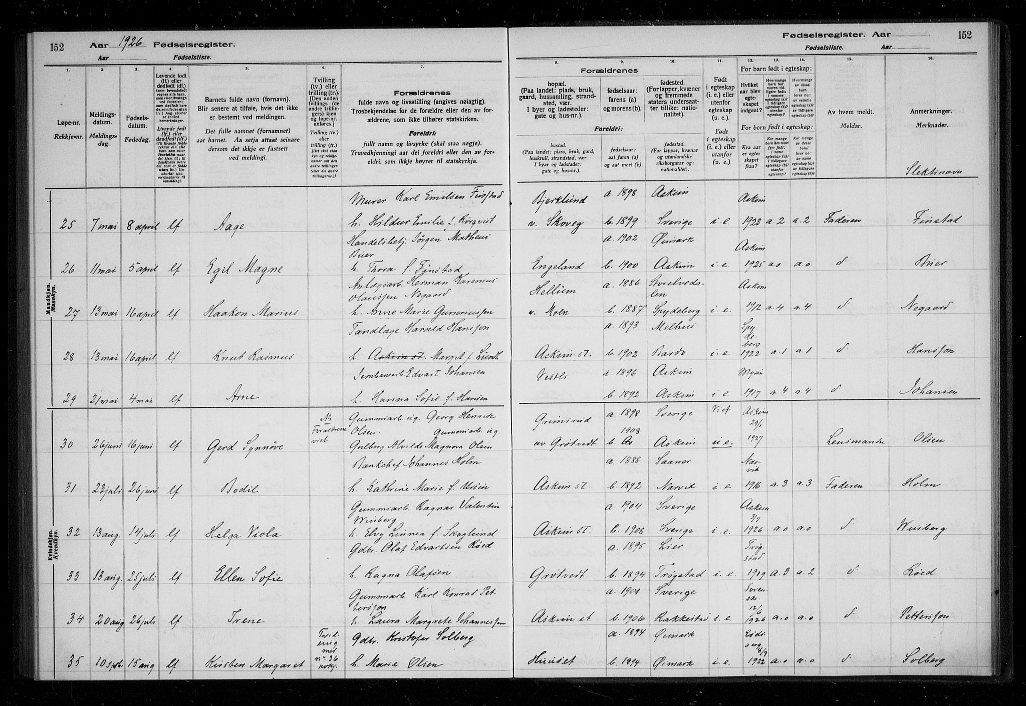 Askim prestekontor Kirkebøker, AV/SAO-A-10900/J/Ja/L0001: Birth register no. 1, 1916-1929, p. 152