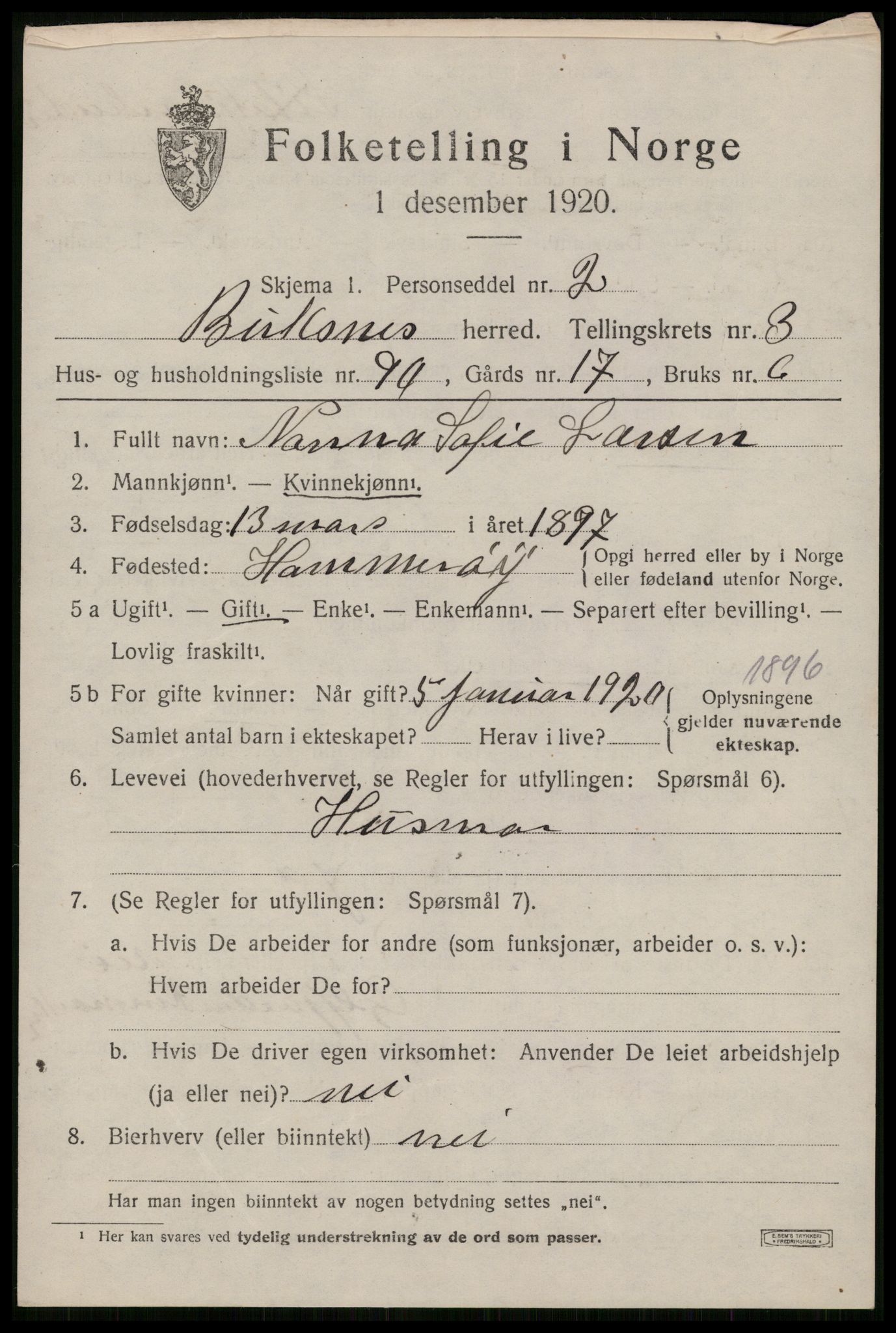 SAT, 1920 census for Buksnes, 1920, p. 4493