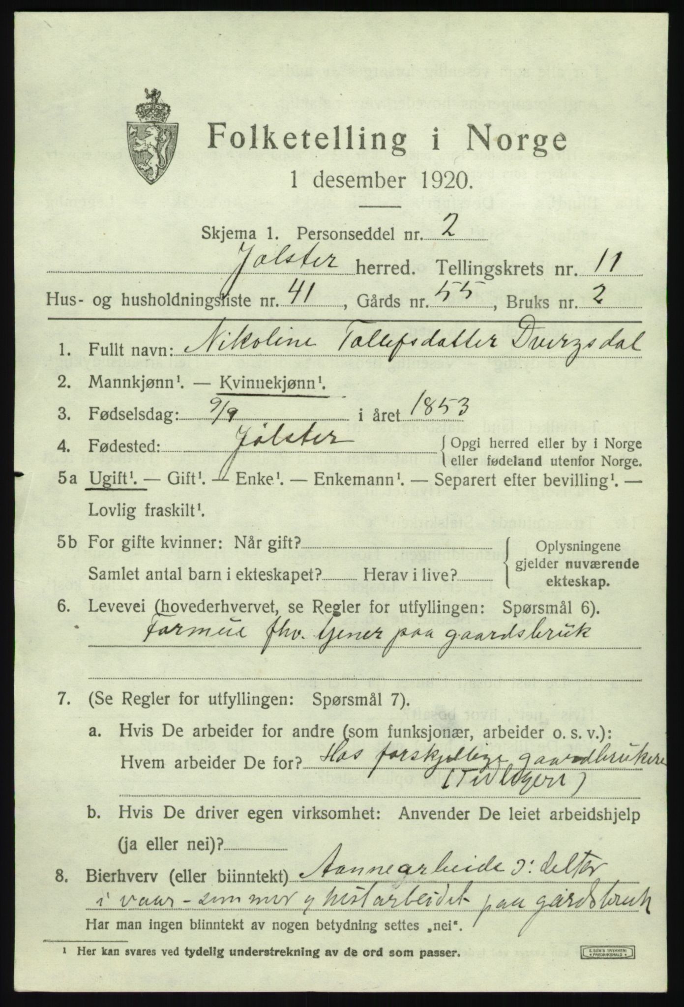 SAB, 1920 census for Jølster, 1920, p. 5570