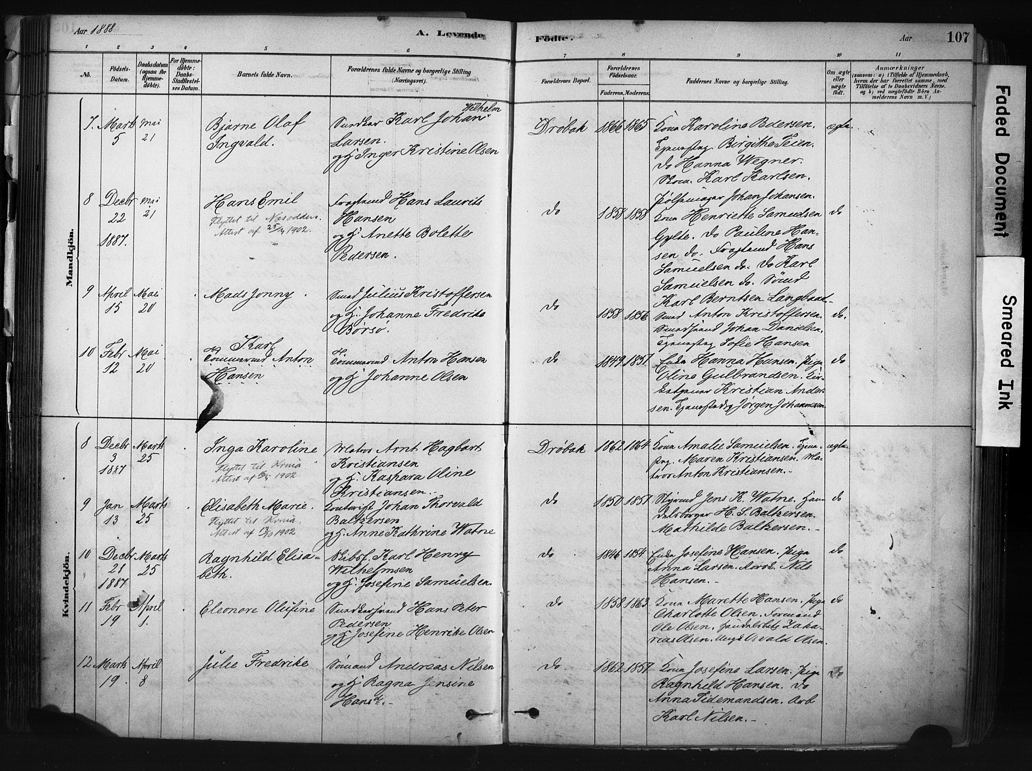 Drøbak prestekontor Kirkebøker, AV/SAO-A-10142a/F/Fb/L0001: Parish register (official) no. II 1, 1878-1891, p. 107