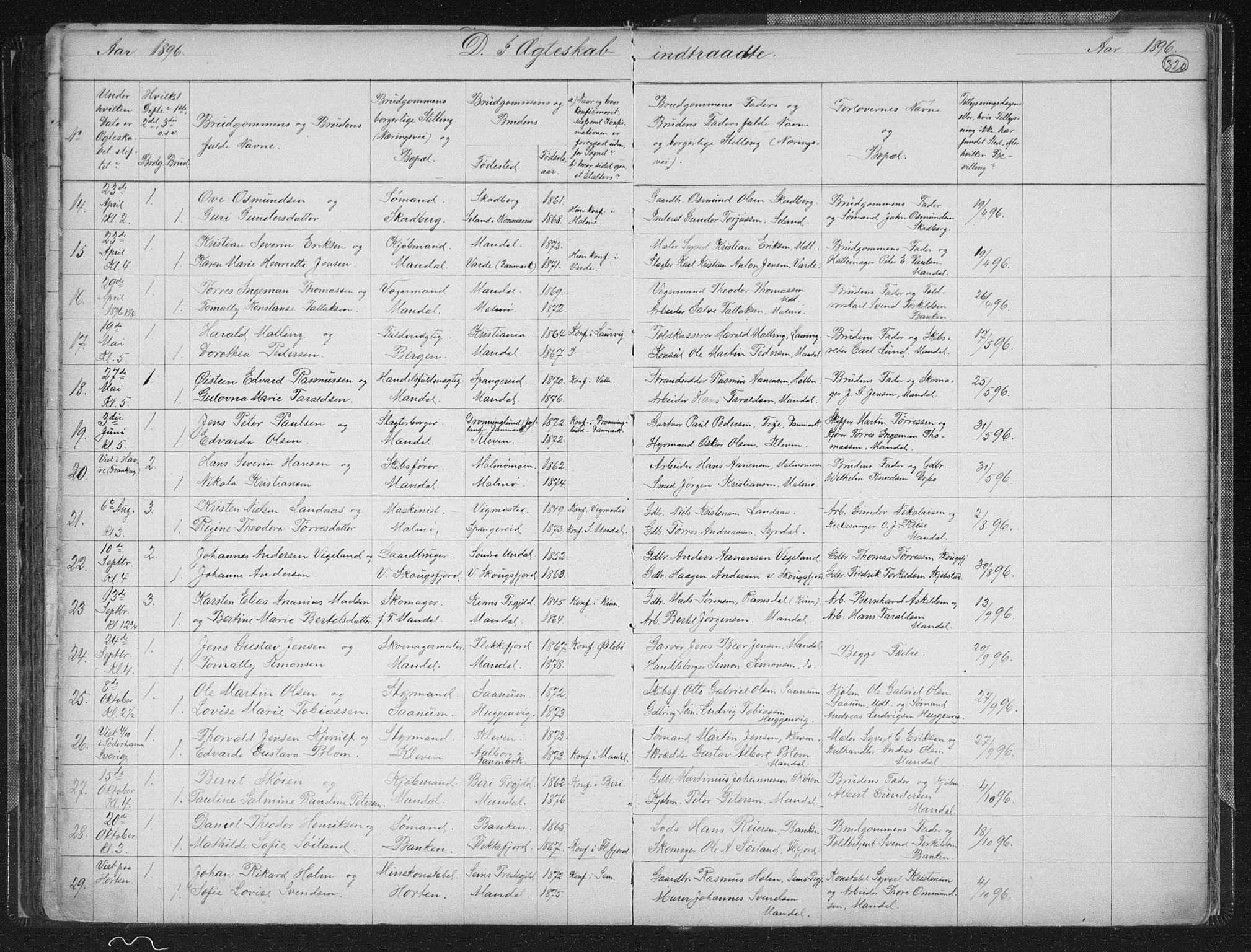 Mandal sokneprestkontor, SAK/1111-0030/F/Fb/Fba/L0011: Parish register (copy) no. B 5, 1880-1898, p. 320