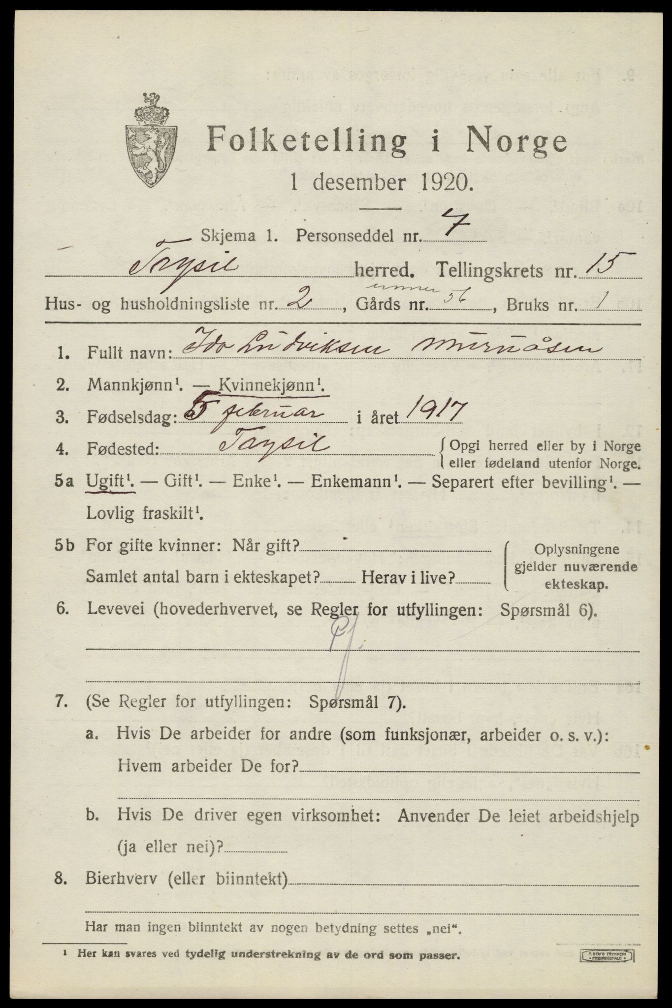 SAH, 1920 census for Trysil, 1920, p. 8809