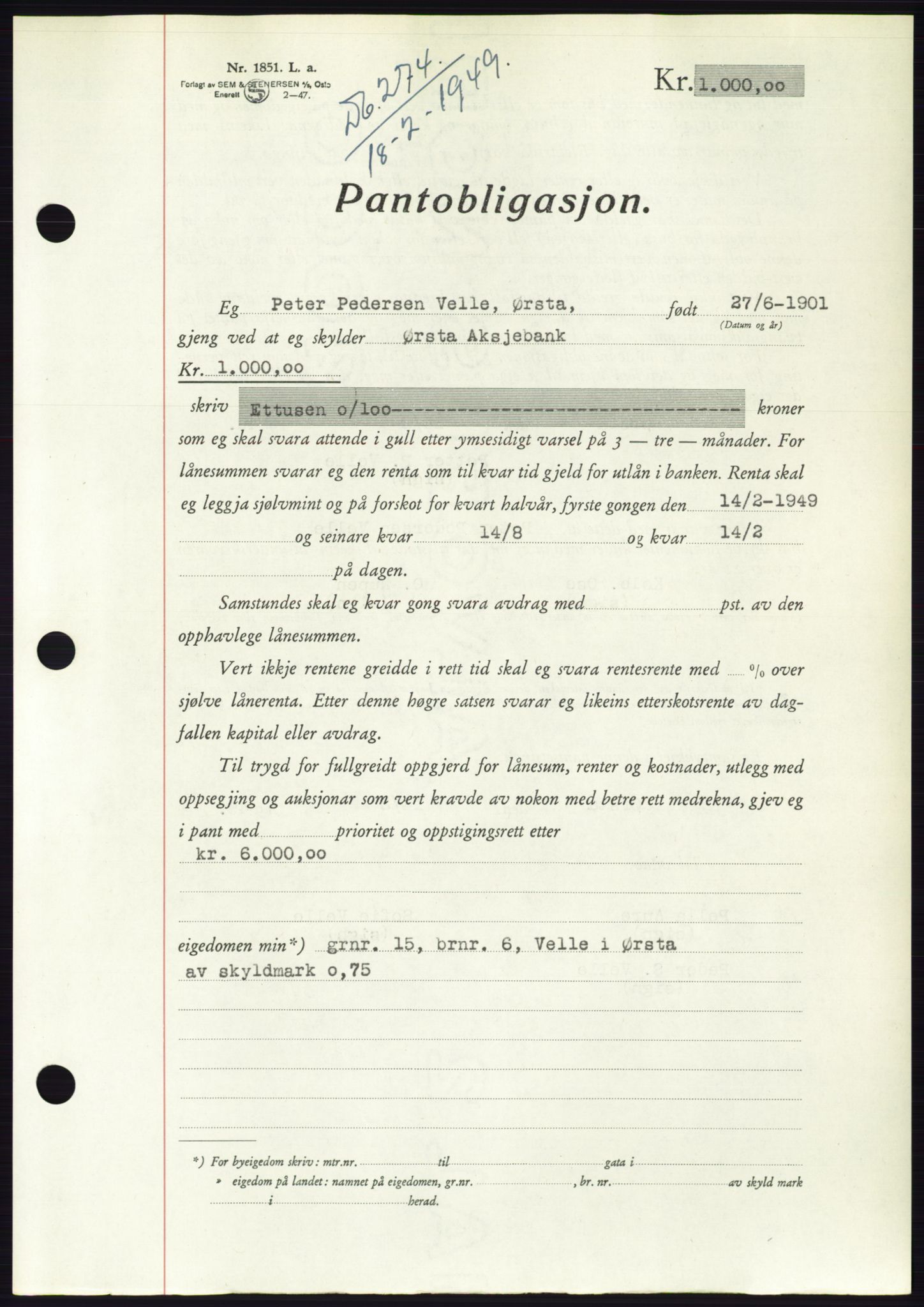 Søre Sunnmøre sorenskriveri, AV/SAT-A-4122/1/2/2C/L0116: Mortgage book no. 4B, 1948-1949, Diary no: : 274/1949