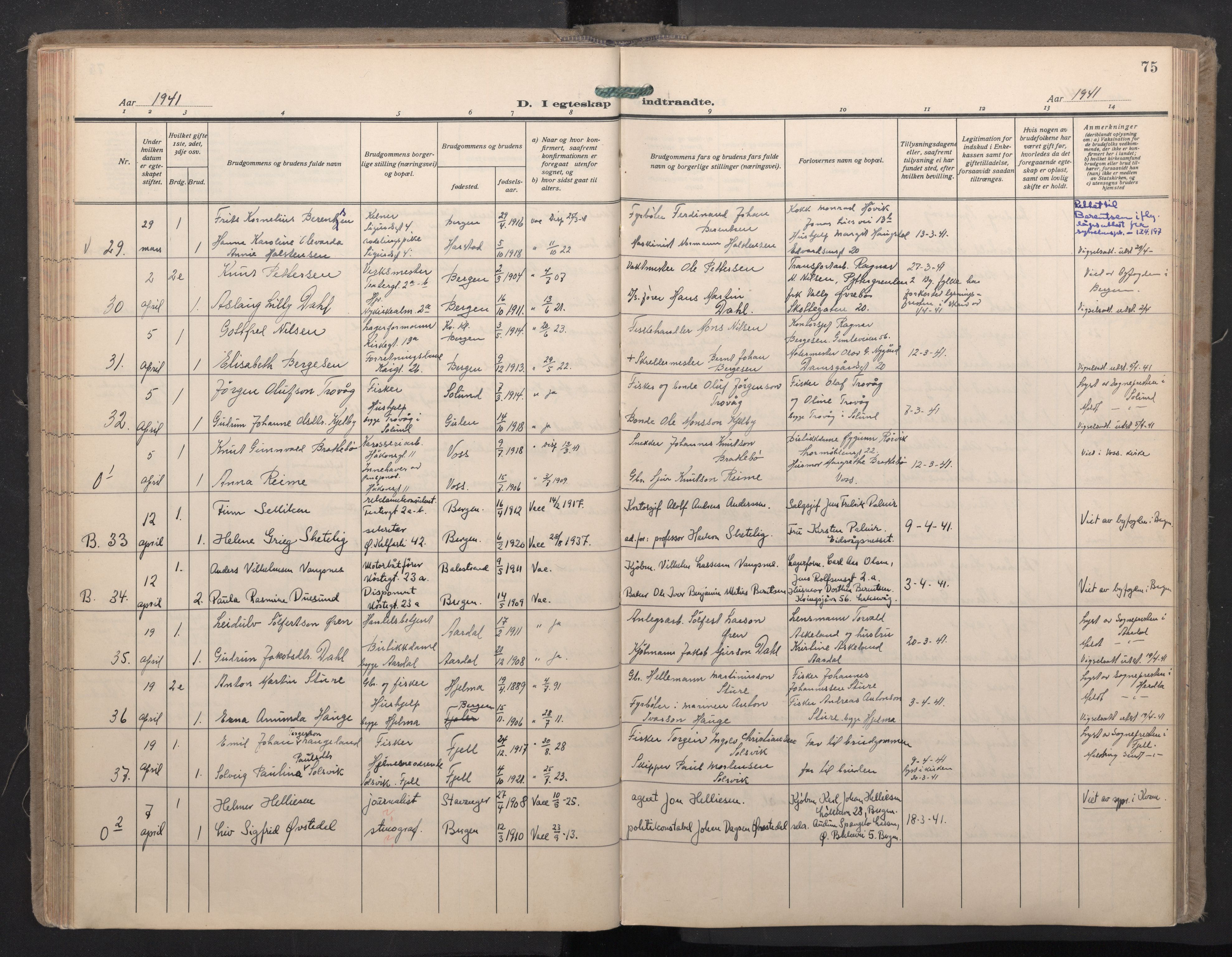 Domkirken sokneprestembete, SAB/A-74801/H/Haa: Parish register (official) no. D 7, 1937-1950, p. 74b-75a