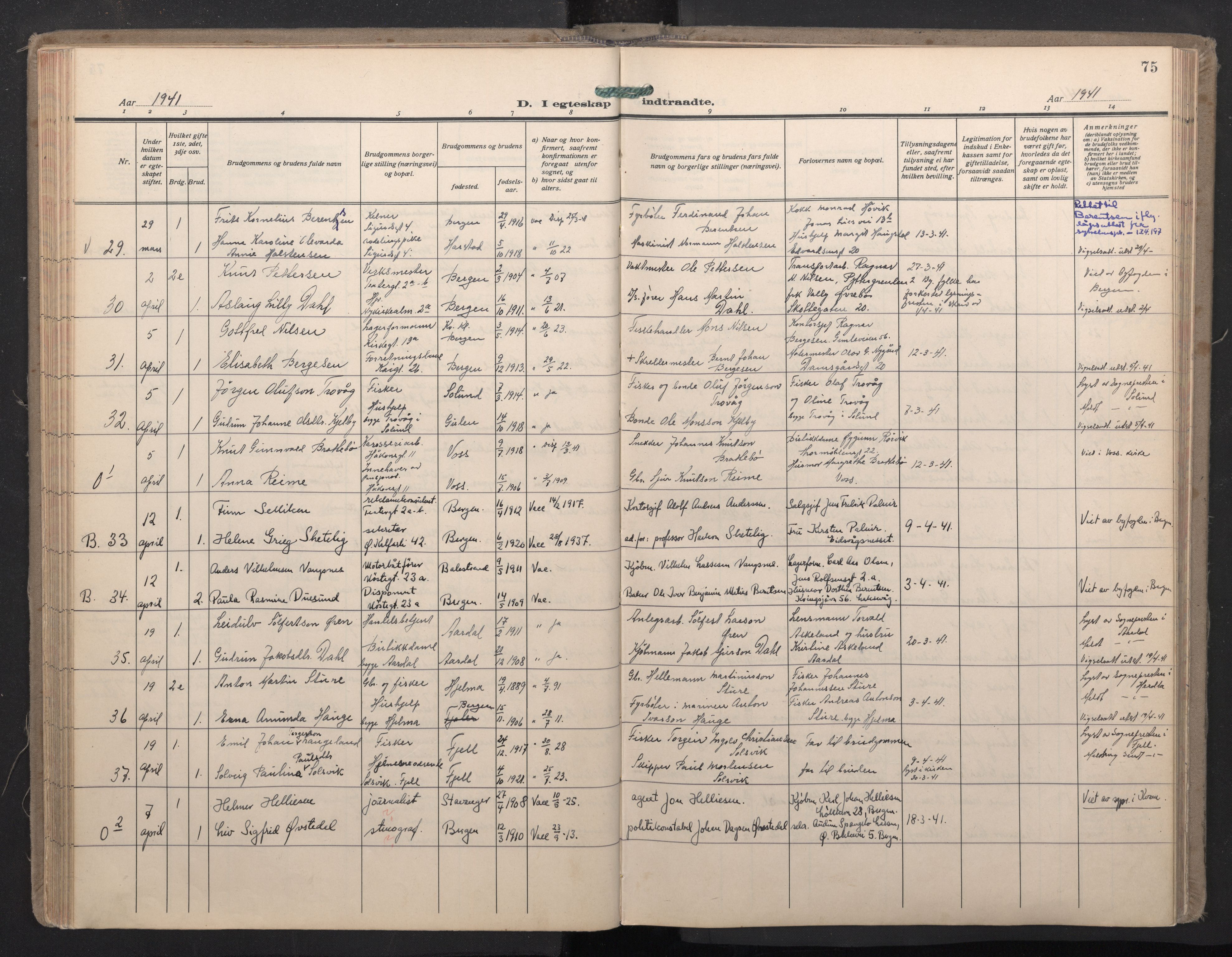 Domkirken sokneprestembete, AV/SAB-A-74801/H/Haa: Parish register (official) no. D 7, 1937-1950, p. 74b-75a